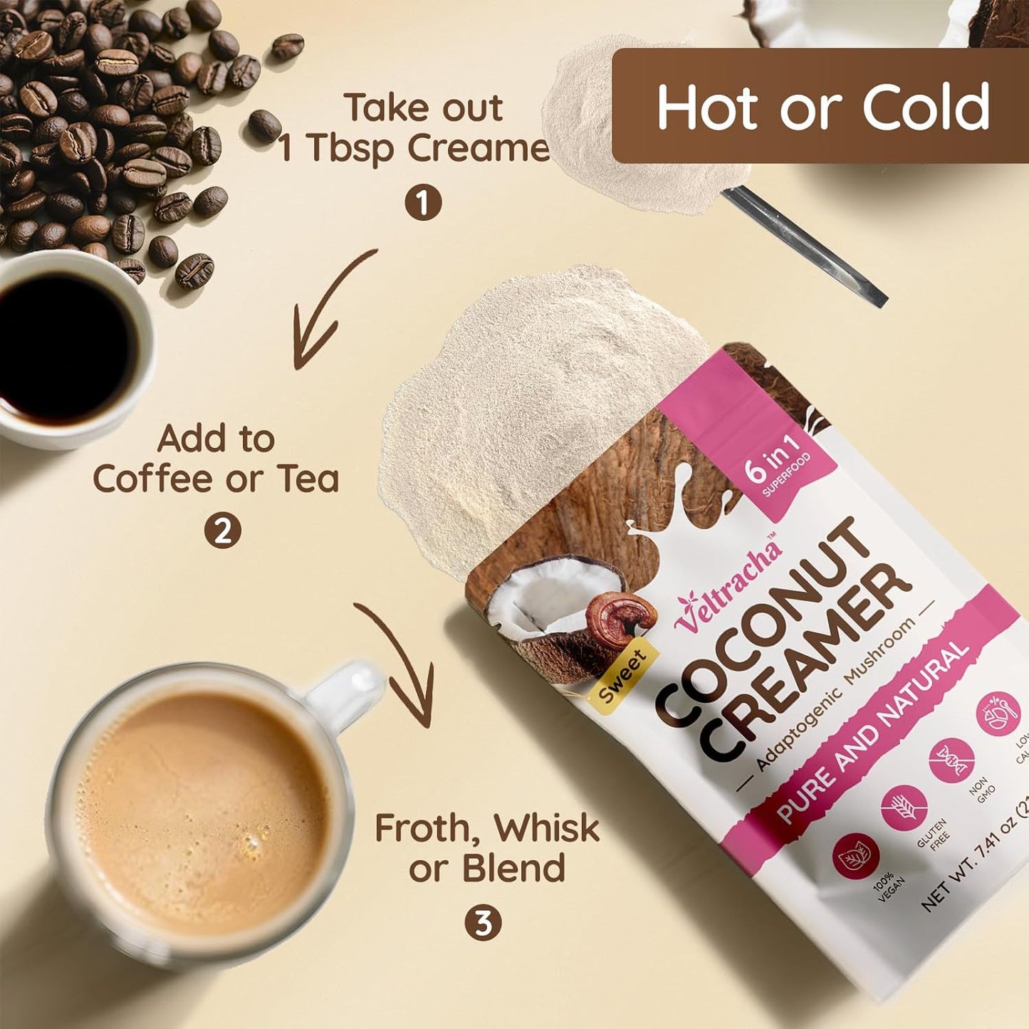 Veltracha Mushroom Coconut Coffee Creamer, Coffee Mate Creamer Powder with Pure Coconut Extract and 6 Adaptogenic Mushroom, Superfood Creamer Vegan & Unsweetened, 7.41oz (30 Servings), Mocha