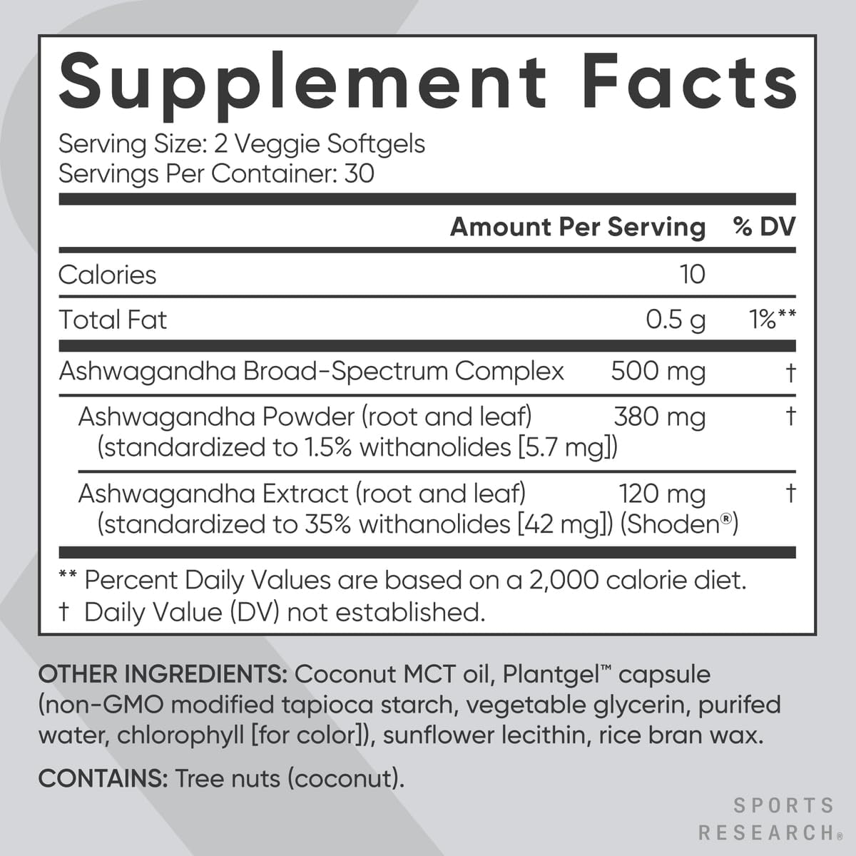 Sports Research® Ashwagandha Softgels with Coconut MCT Oil - Natural Ayurvedic Adaptogen Made with Shoden® Ashwa for Relaxation, Calm & Sleep Support - Gluten Free & Vegan Friendly - 120 Count