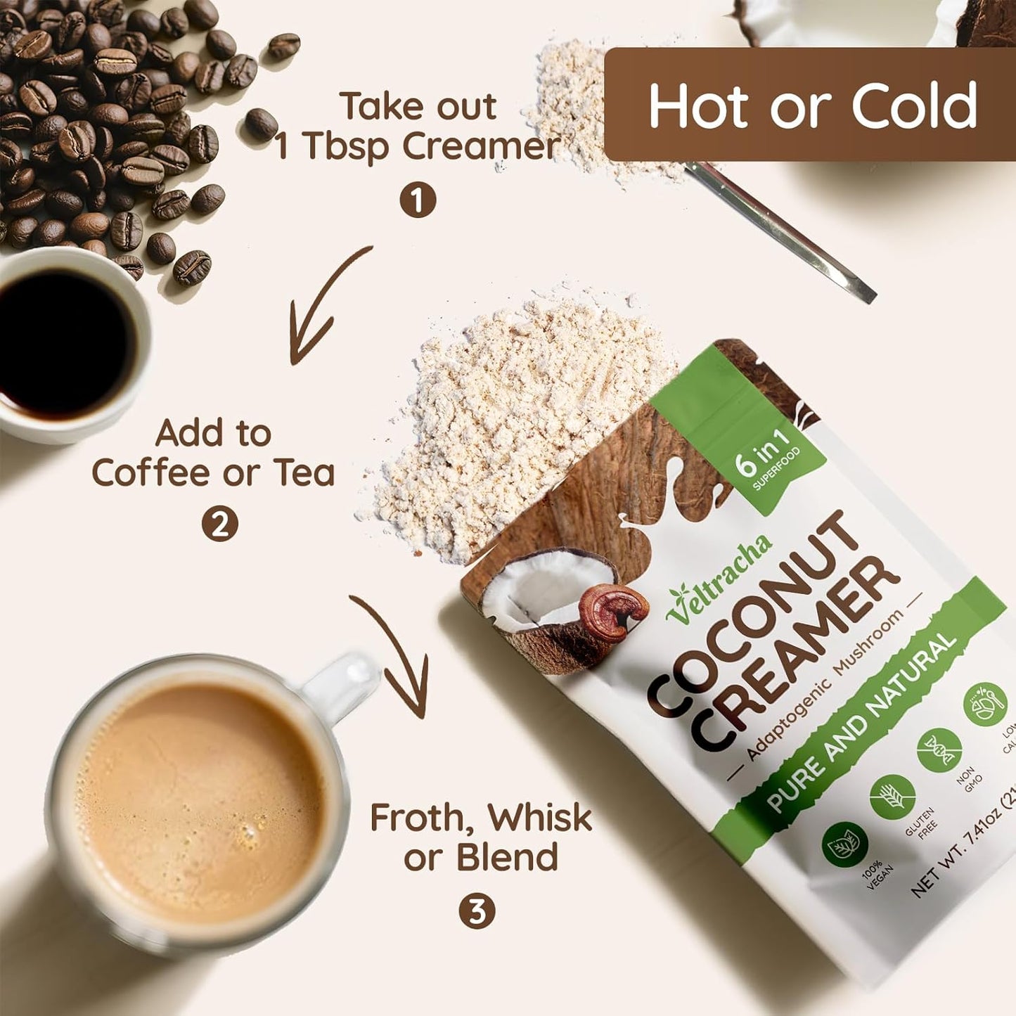 Veltracha Mushroom Coconut Coffee Creamer, Coffee Mate Creamer Powder with Pure Coconut Extract and 6 Adaptogenic Mushroom, Superfood Creamer Vegan & Unsweetened, 7.41oz (30 Servings), Mocha