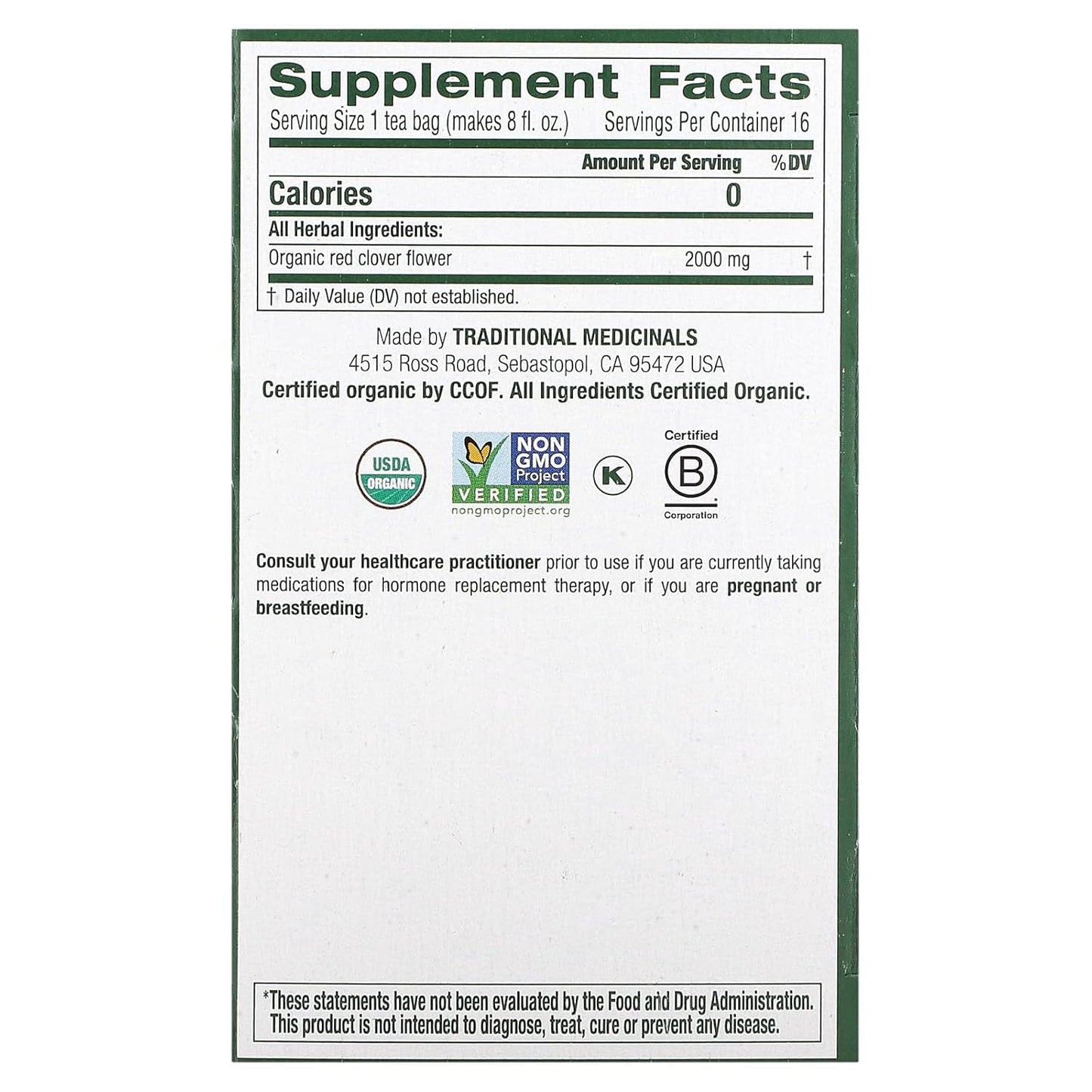 Traditional Medicinals Tea, Organic Red Clover, Supports Skin Health, 16 Tea Bags