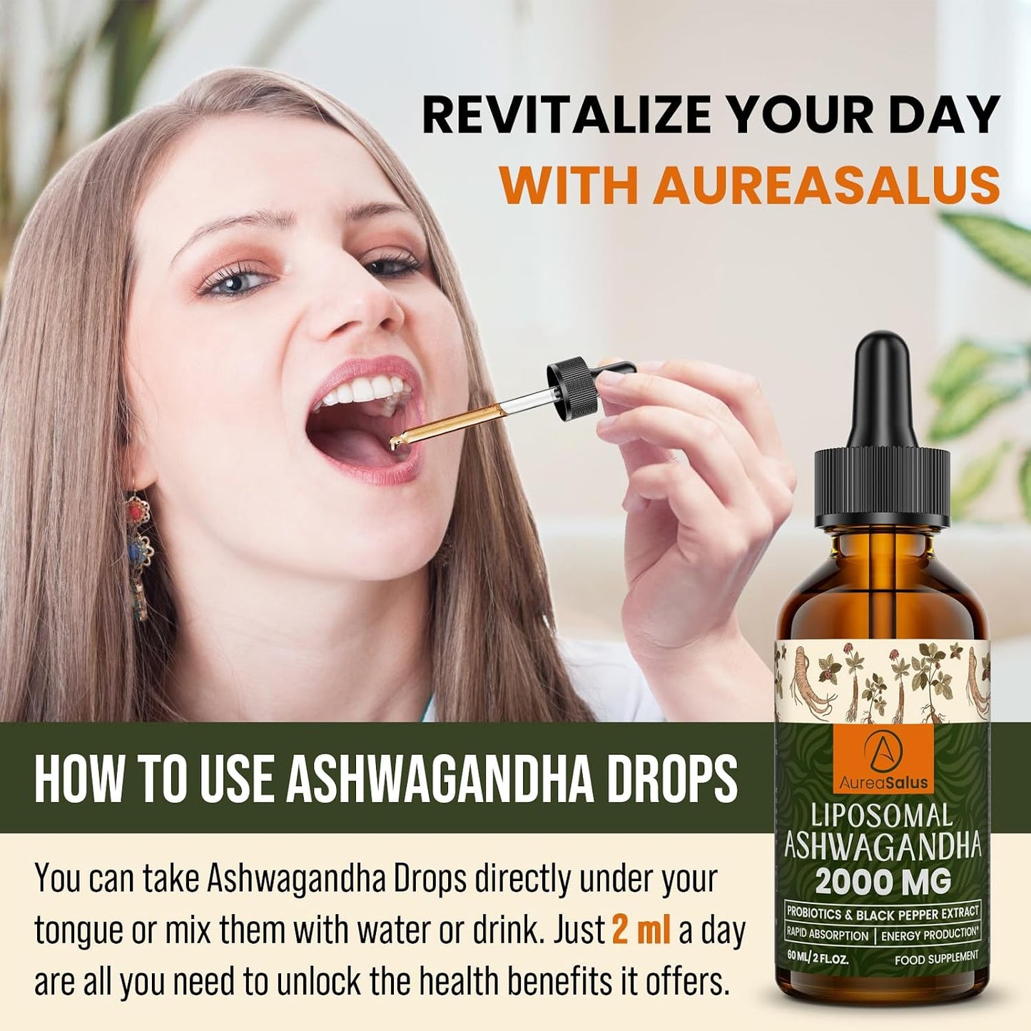 Liposomal Ashwagandha Drops 2000mg, Pure Natural Ashwagandha Extract, Enrich Probiotics & Black Pepper Extract, Stress Relieve Supplements, Increase Energy (60 ml (Pack of 1))