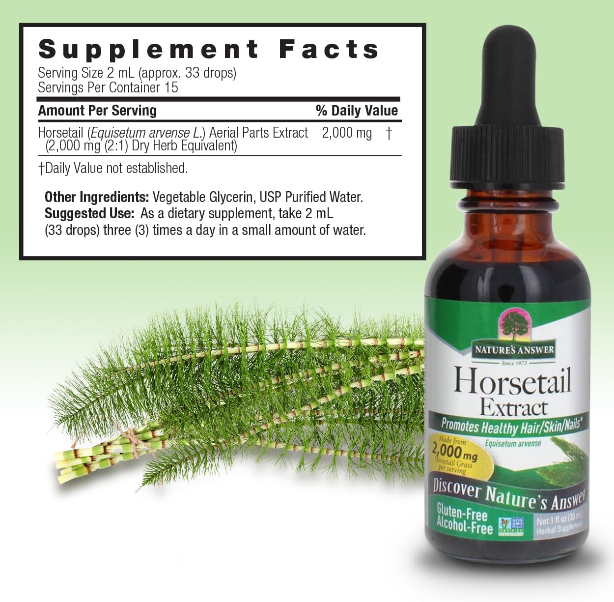 Nature's Answer Alcohol-Free Horsetail Herb Extract Supplement, 1-Fluid Ounce | Hair, Skin, & Nails Support | Promotes Urinary Tract Health | Strengthen Joints