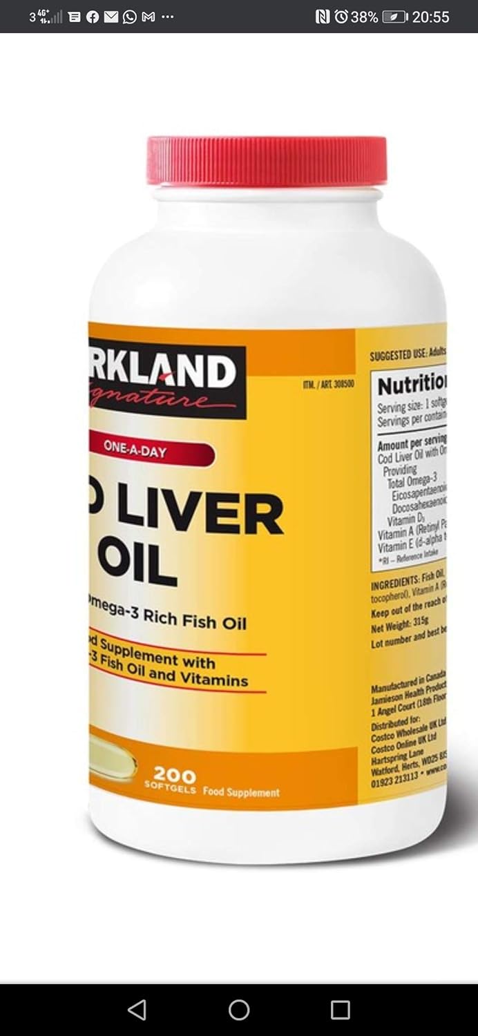 Kirkland Signature Cod Liver Oil + Omega 3-1150mg x 200 Capsules , Yellow Orange