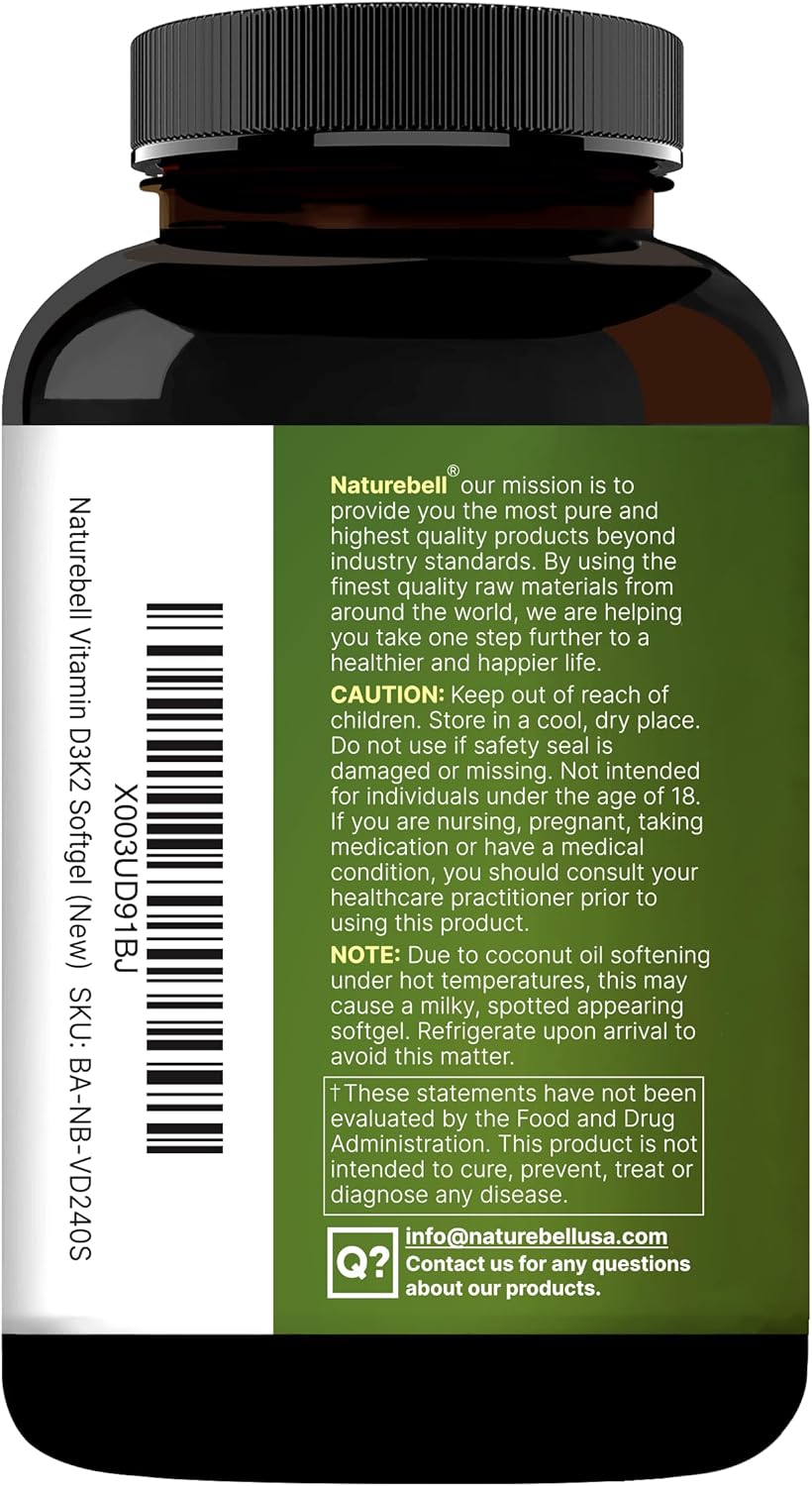 NatureBell Vitamin D3 10,000 IU + K2 200 mcg, 240 Softgels | Daily High Potency Formula with Coconut Oil | Bone, Heart & Immune Support | MK-7 Form | Non-GMO