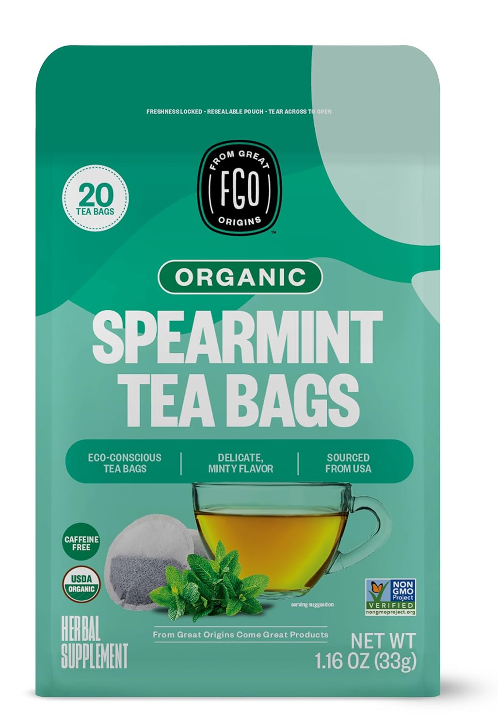 FGO Organic Nettle Leaf Tea, 100 Count, Eco-Conscious Tea Bags, Caffeine Free, Resealable Bag, Packaging May Vary (Pack of 1)