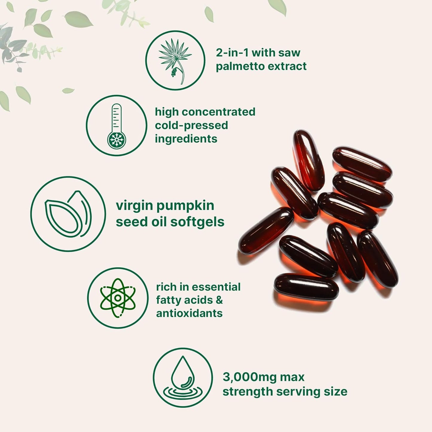 Pumpkin Seed Oil with Saw Palmetto, 3000mg Per Serving, 300 Softgels | Cold Pressed, Pure Virgin Oil, Essential Fatty Acids & Phytosterols | Supports Hair, Urinary, Bladder & Prostate Health | Non-GMO
