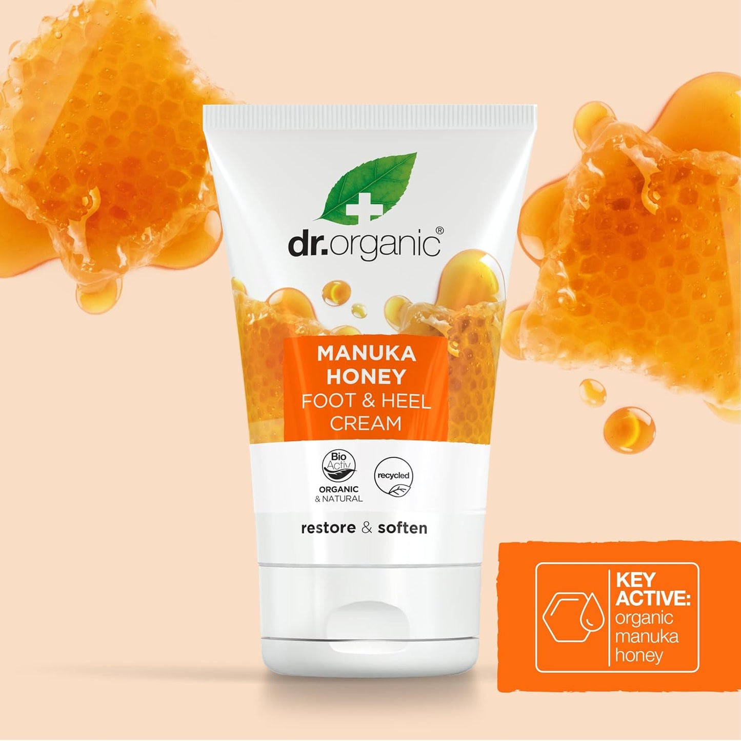 Dr. Organic Manuka Honey Foot Cream, Moisturising, Dry Skin, Mens, Womens, Natural, Vegetarian, Cruelty-Free, Paraben & SLS-Free, Recycled & Recyclable, Organic, 125ml, Packaging may vary