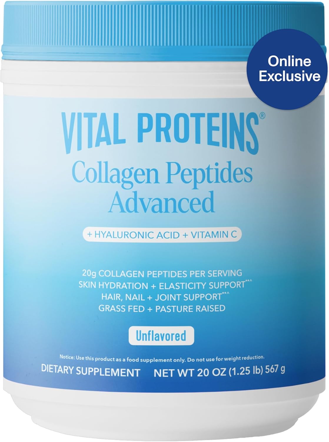 Vital Proteins Collagen Peptides Powder Advanced with Hyaluronic Acid & Vitamin C - 20oz Collagen Protein, Unflavored, 27 Servings