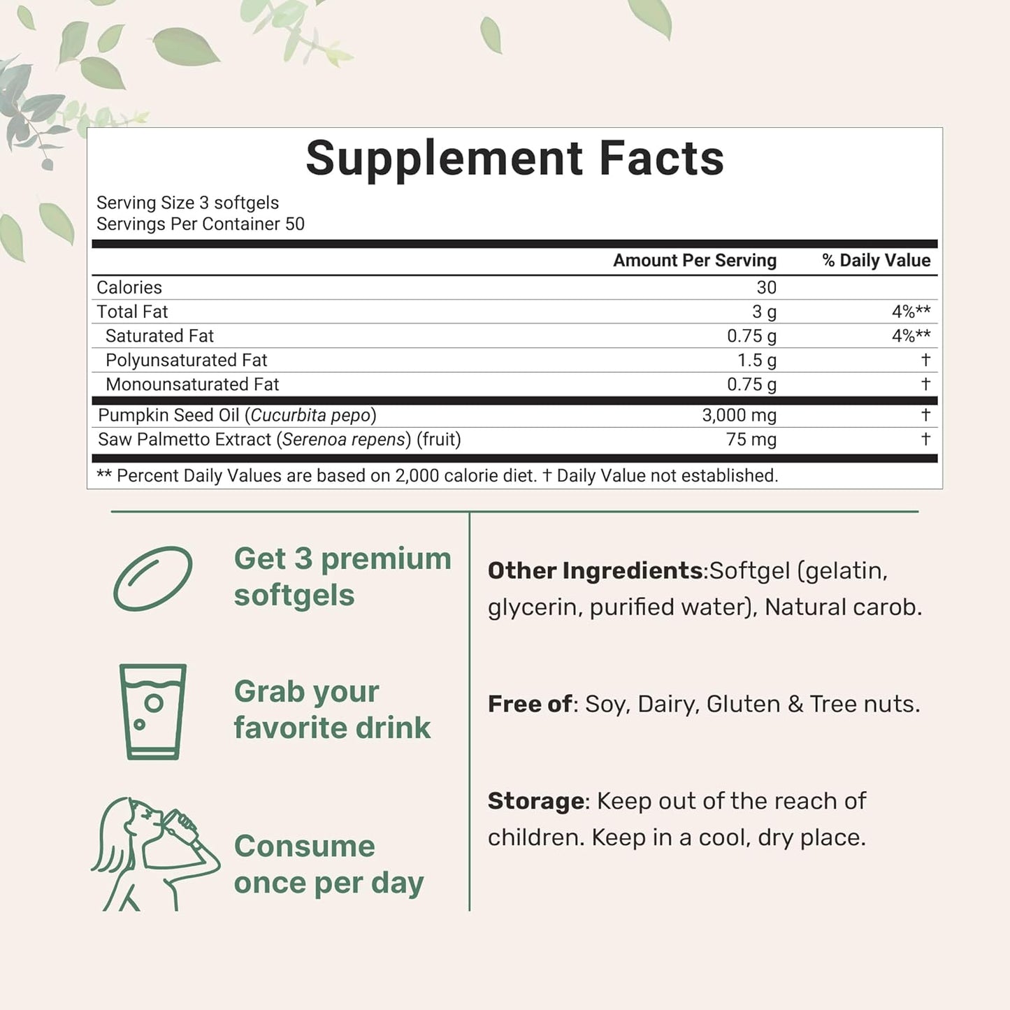 Pumpkin Seed Oil with Saw Palmetto, 3000mg Per Serving, 300 Softgels | Cold Pressed, Pure Virgin Oil, Essential Fatty Acids & Phytosterols | Supports Hair, Urinary, Bladder & Prostate Health | Non-GMO