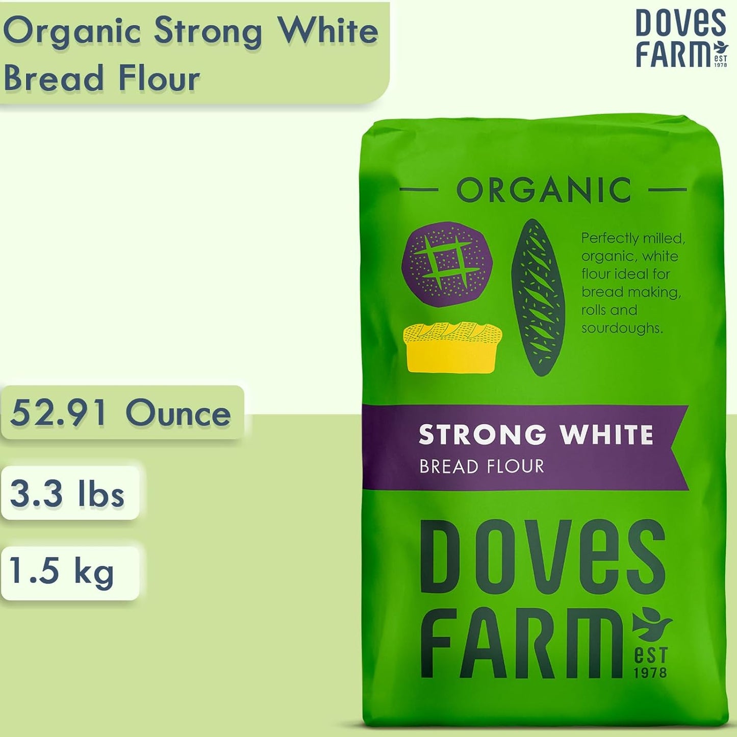 Doves Farm Organic Strong White Bread Flour | British Sourdough Bread & Roll Making Flour | Ideal for Artisan Breadmaking | Unbleached Bread Flour | 52.91 Oz (1.5kg)