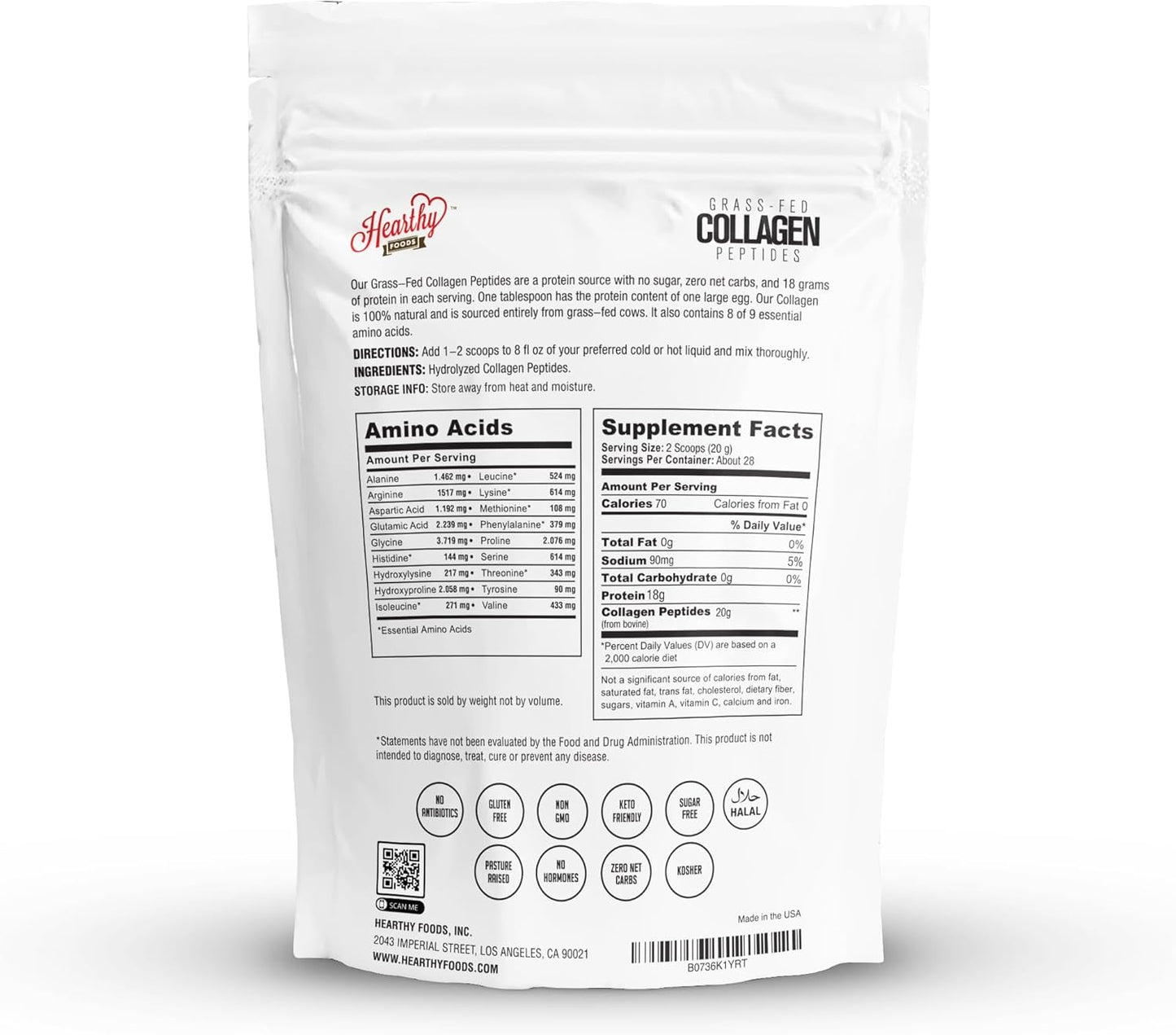 Collagen Powder - 18g Protein - Pure Halal Collagen Peptides Grass Fed Organic Hydrolyzed Powder | Type I and III Unflavoured Keto Friendly Gluten Free No Sugar Non GMO 16 Oz