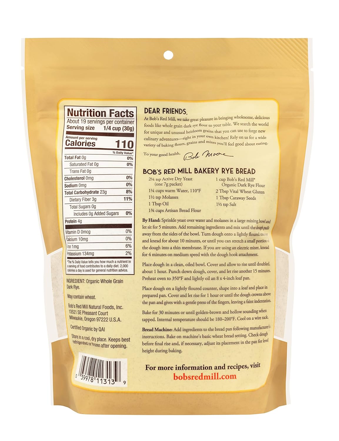 Bob's Red Mill Organic Dark Rye Flour, 20oz (Pack of 4) - Non GMO, Whole Grain, Vegan, Kosher