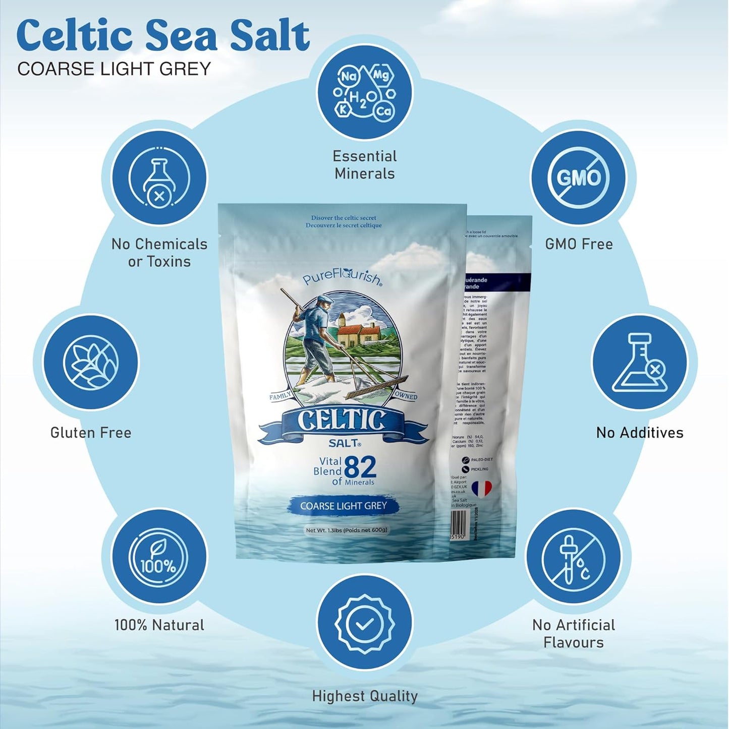 Pure Flourish Celtic Salt - 600g | 100% Organic Unrefined Celtic Salt | Rich in 82+ Essential Minerals | Hand Harvested Light Grey Celtic Salt Crystals from France