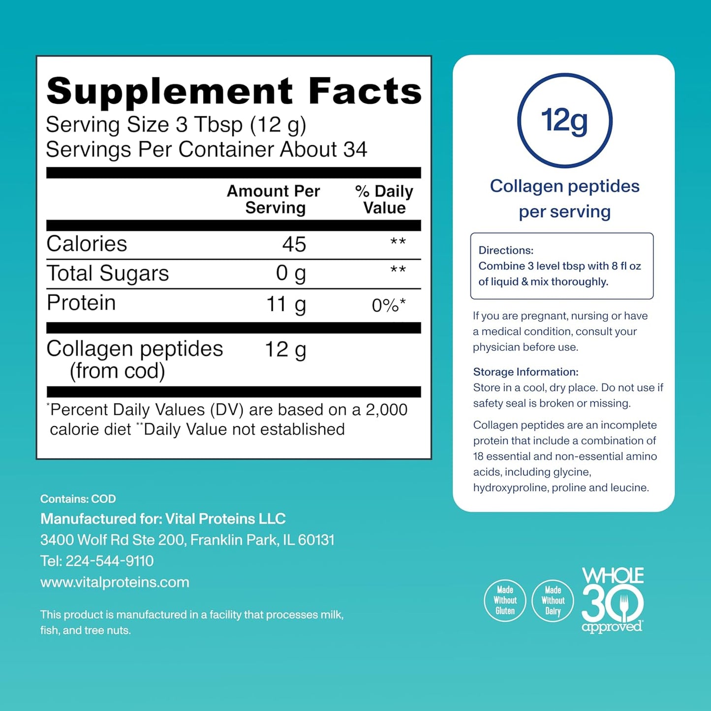 Vital Proteins Marine Collagen Peptides Powder Supplement for Skin Hair Nail Joint - Hydrolyzed Collagen - 12g per Serving - 7.8 oz Canister