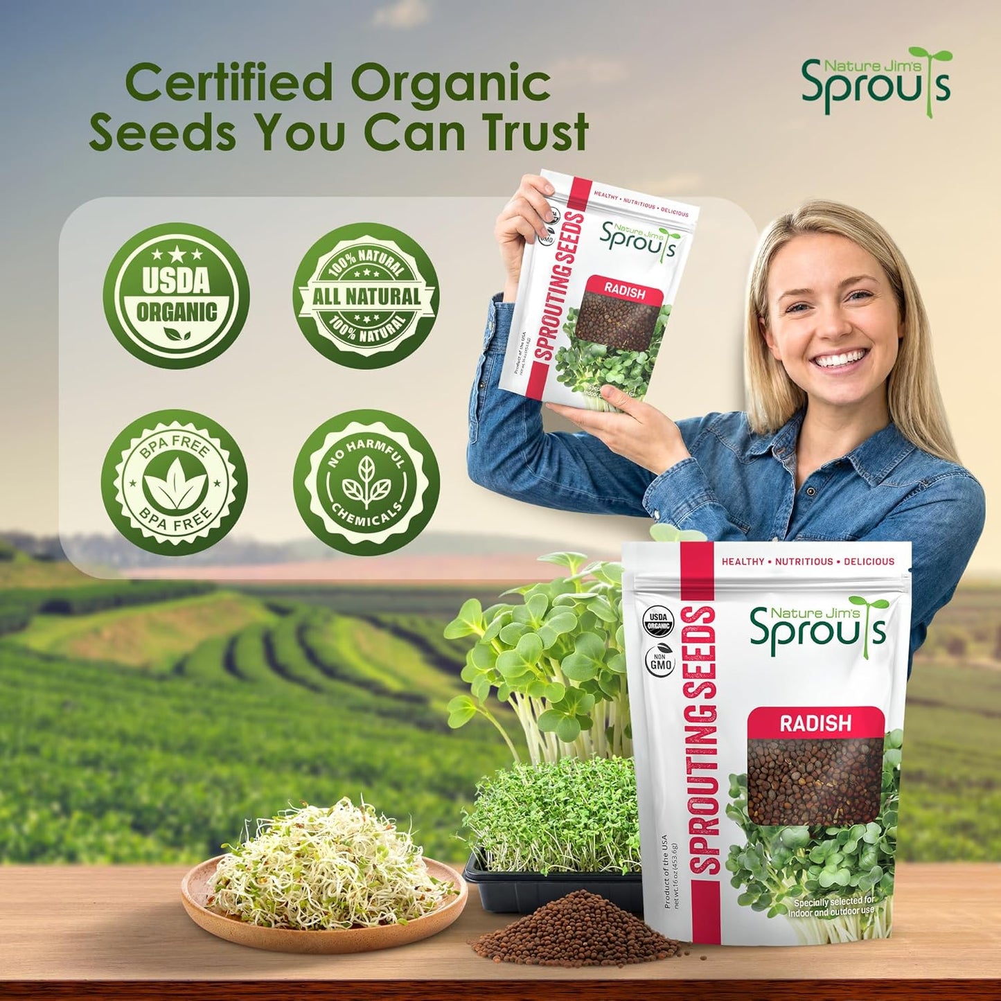 Nature Jims Broccoli Sprouts & Radish Seeds – Organic Broccoli Sprouts, Organic Radish Seeds, Non-GMO for Indoor/Outdoor Growing, Microgreens Bundle, 8oz + 16oz