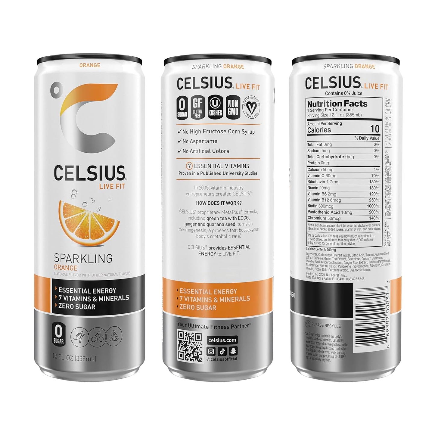 CELSIUS Sparkling Orange, Functional Essential Energy Drink 12 Fl Oz