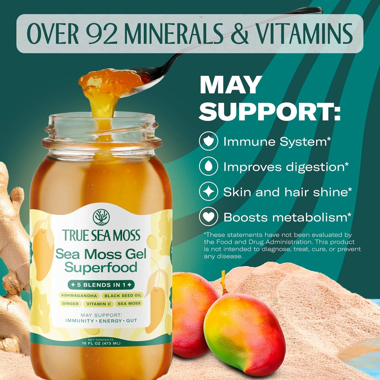 TrueSeaMoss Sea Moss Gel – Made in USA – Wildcrafted Seamoss, Fresh Fruits & Sea Vegetables – Apple/Cinnamon, Pack of 1 (Labels may Vary)