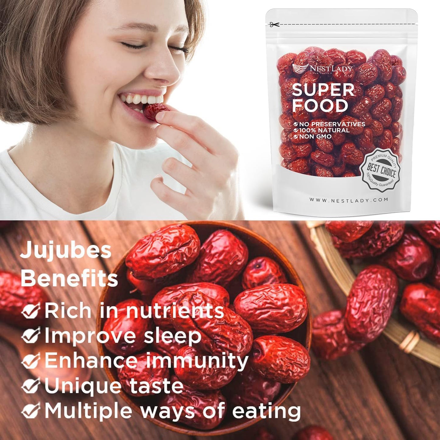 NESTLADY Premium Jujube Date, Red Date (Hong Zao), 100% Natural, Improve sleep, Health Snack, Dried Fruit, Sweet and Chewy Net weight: 454g (1LB),Packed in USA