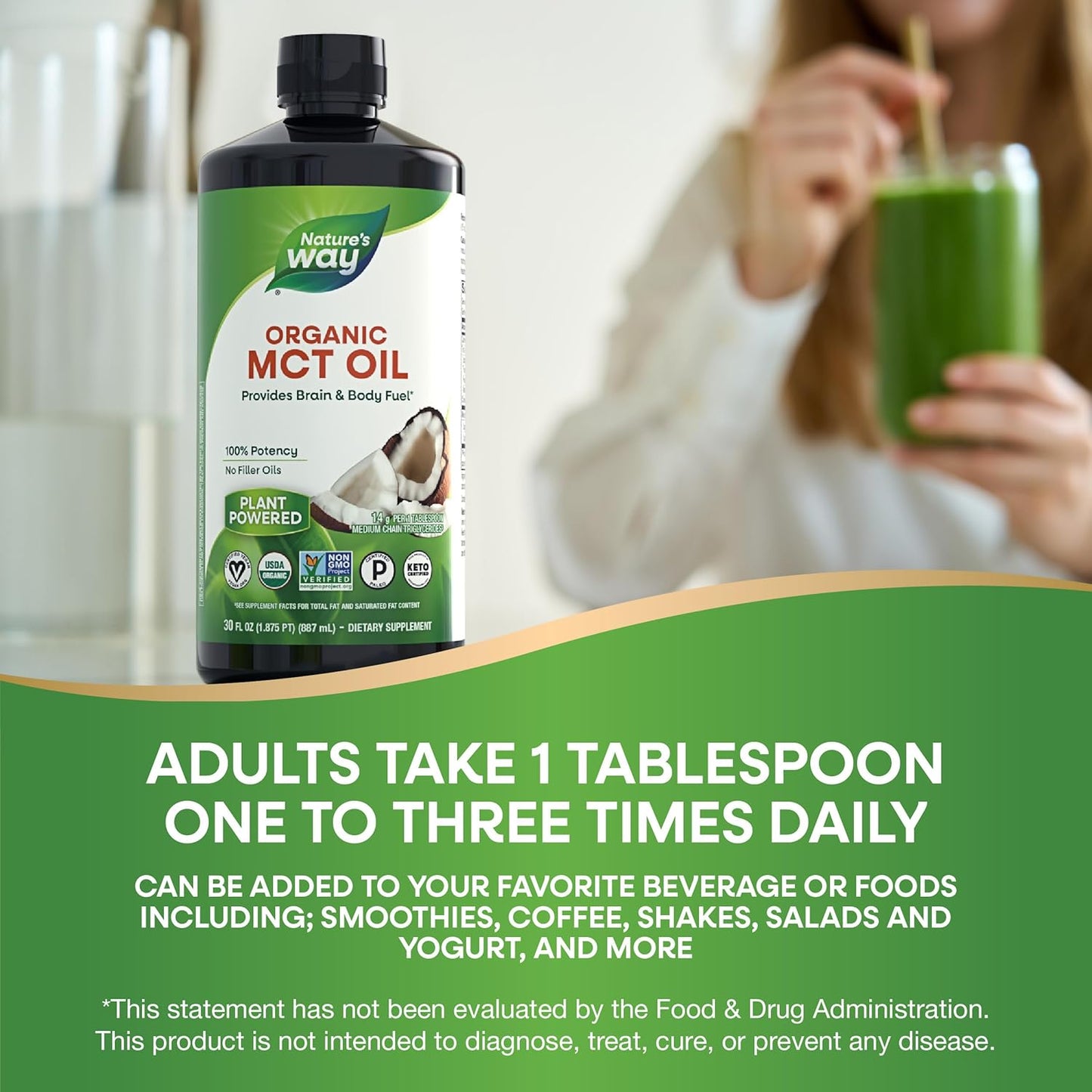 Nature's Way Organic MCT Oil, 16 Fl Oz, Brain and Body Fuel from Coconuts*, C8 Caprylic Acid and C10 Capric Acid, Keto and Paleo Certified, Organic, Non-GMO Project Verified