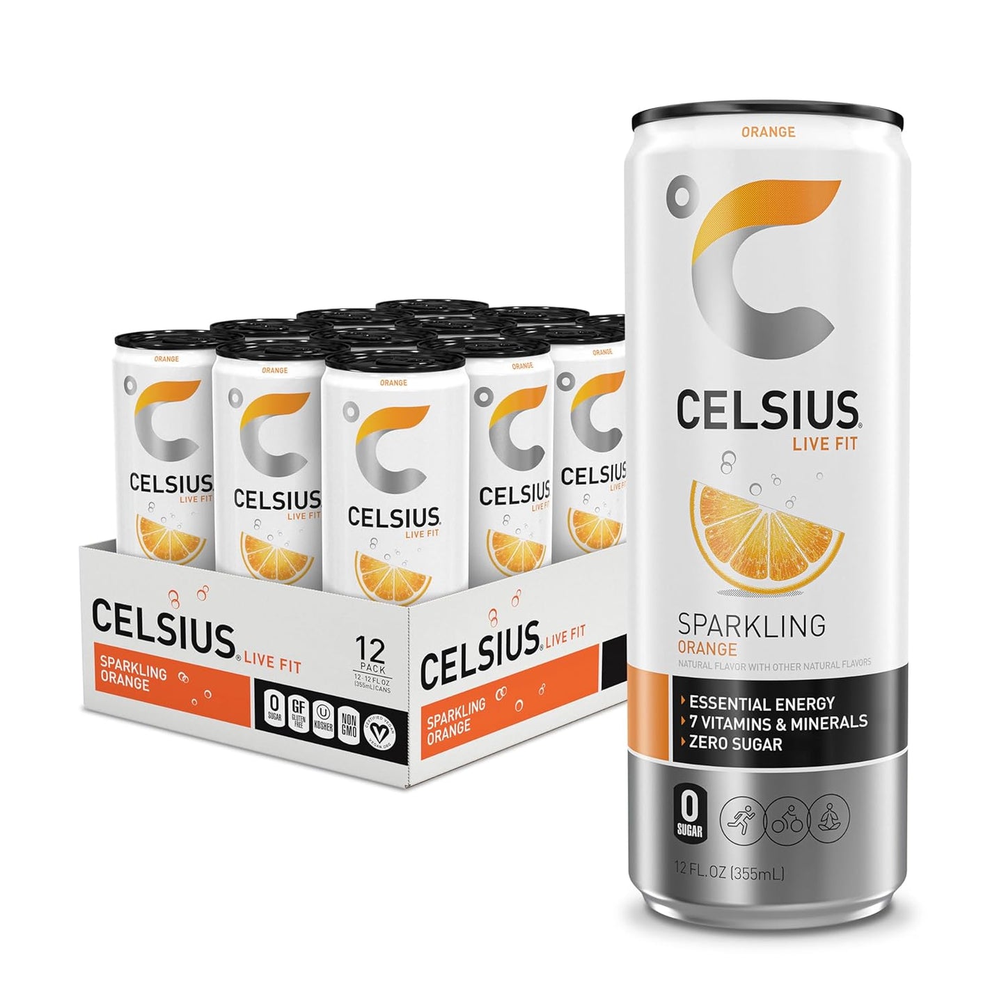CELSIUS Sparkling Orange, Functional Essential Energy Drink 12 Fl Oz