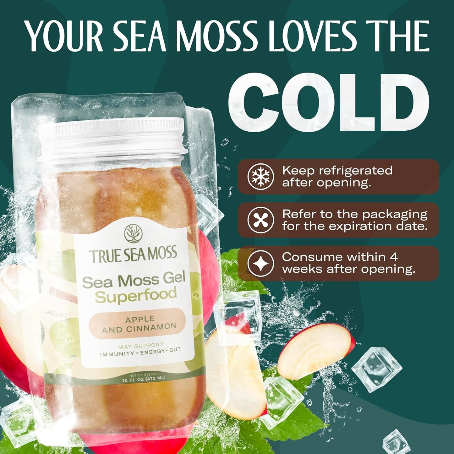 TrueSeaMoss Sea Moss Gel – Made in USA – Wildcrafted Seamoss, Fresh Fruits & Sea Vegetables – Apple/Cinnamon, Pack of 1 (Labels may Vary)