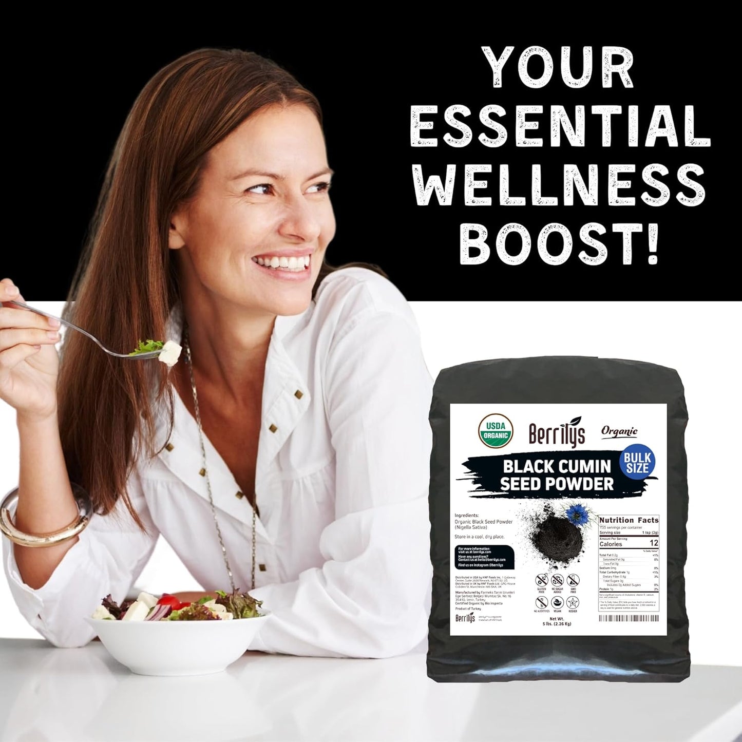 Berrilys Organic Black Seed Powder | Premium Black Cumin Powder, Pure and Natural, Perfect for Smoothies, Baking, and Cooking, High in Antioxidants and Nutrients, Non-GMO, Gluten-Free, Vegan | 16 oz