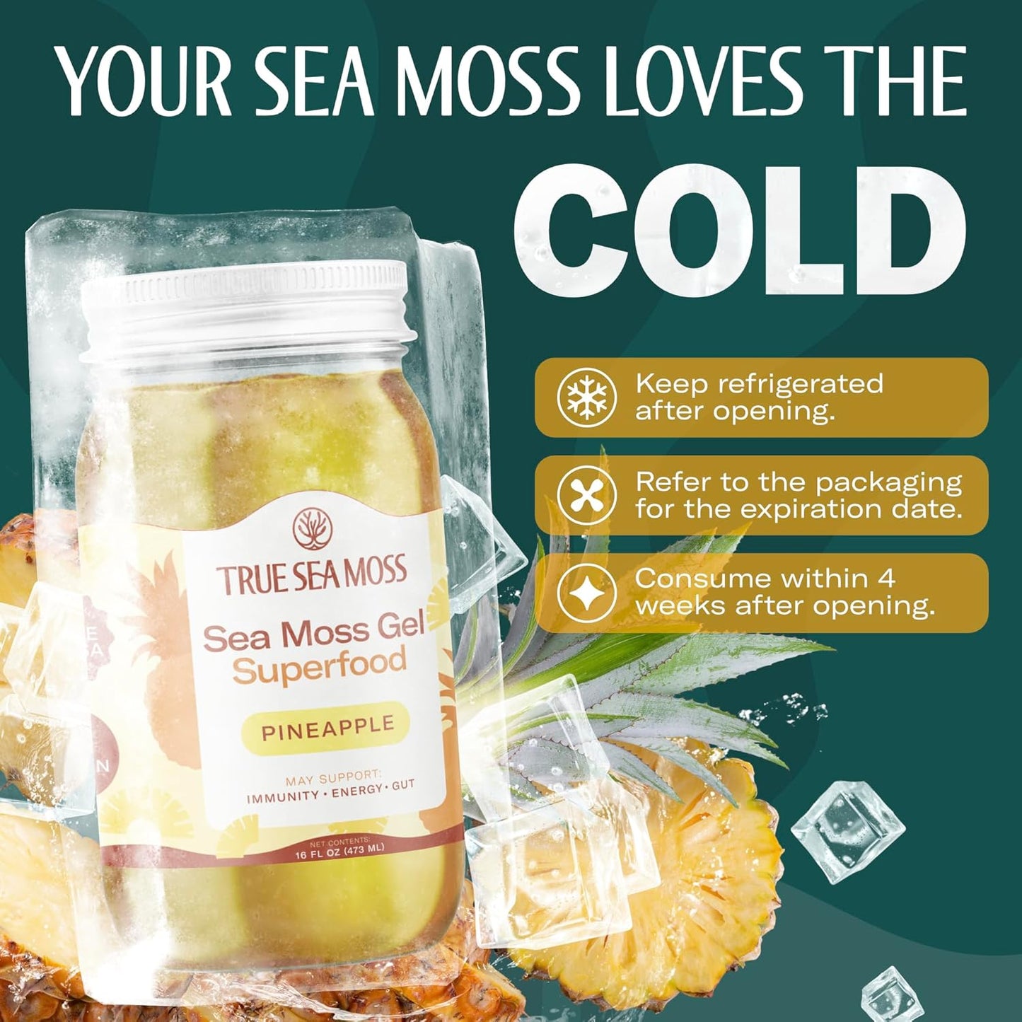 TrueSeaMoss Sea Moss Gel – Made in USA – Wildcrafted Seamoss, Fresh Fruits & Sea Vegetables – Apple/Cinnamon, Pack of 1 (Labels may Vary)