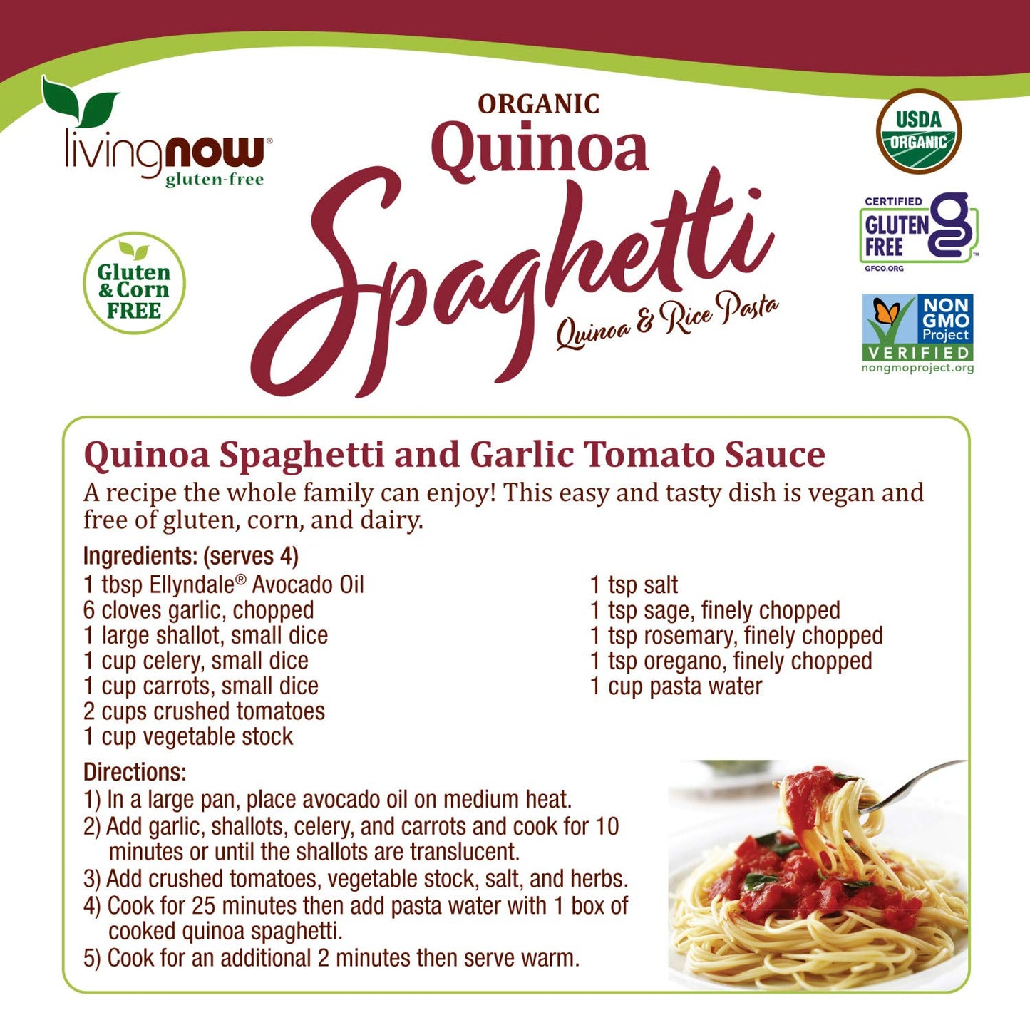 NOW Foods, Organic Quinoa Penne, Gluten-Free, Corn-Free, Non-GMO, Quinoa and Rice Pasta, 8-Ounce