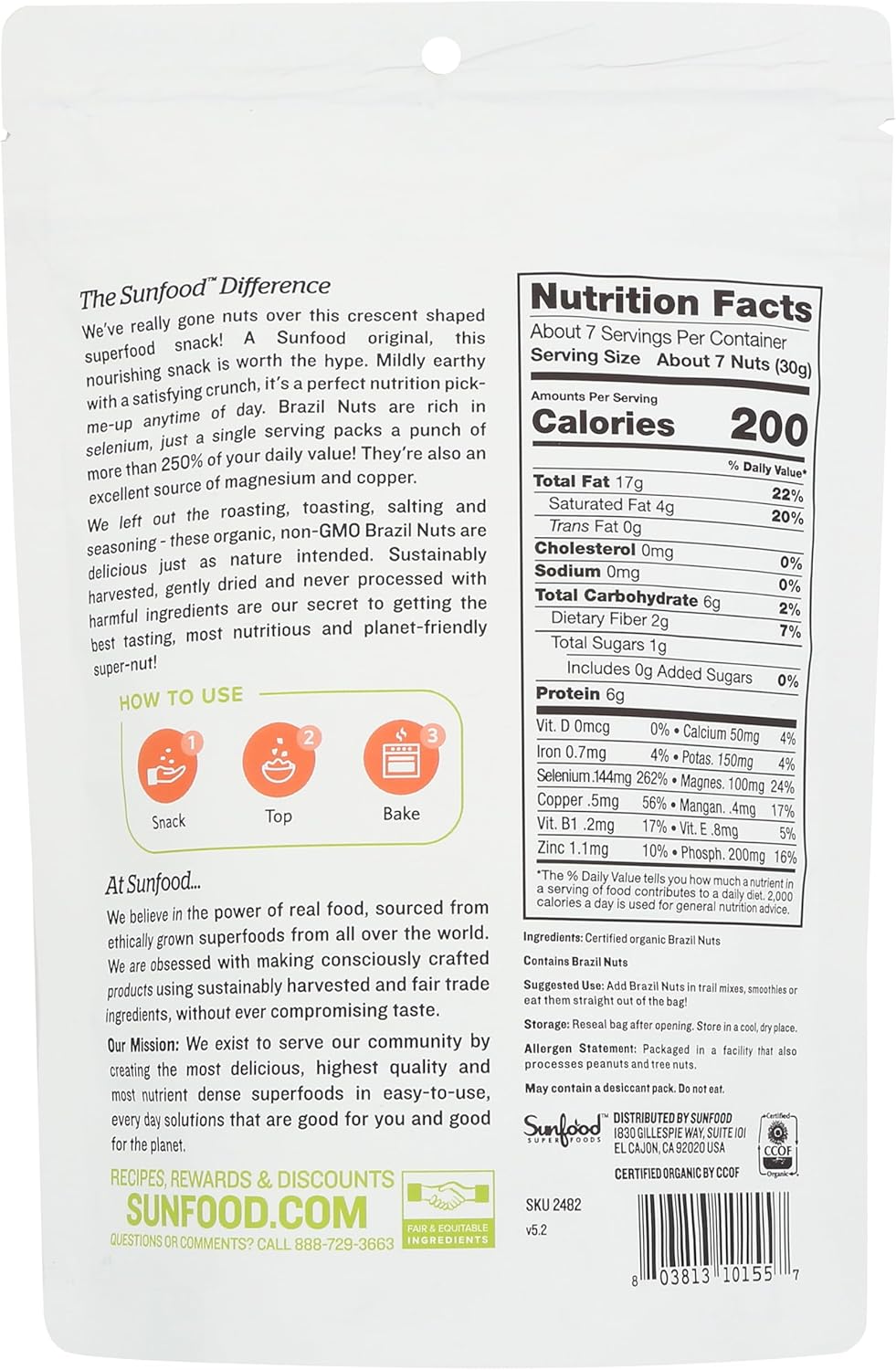 Sunfood Superfoods Raw Organic Brazil Nuts - Brazil Nuts Organic, Raw Brazil Nuts, Brazilian Nuts Unsalted, Great Source of Protein, USDA Organic, Non GMO, Vegan - 8 oz Bag