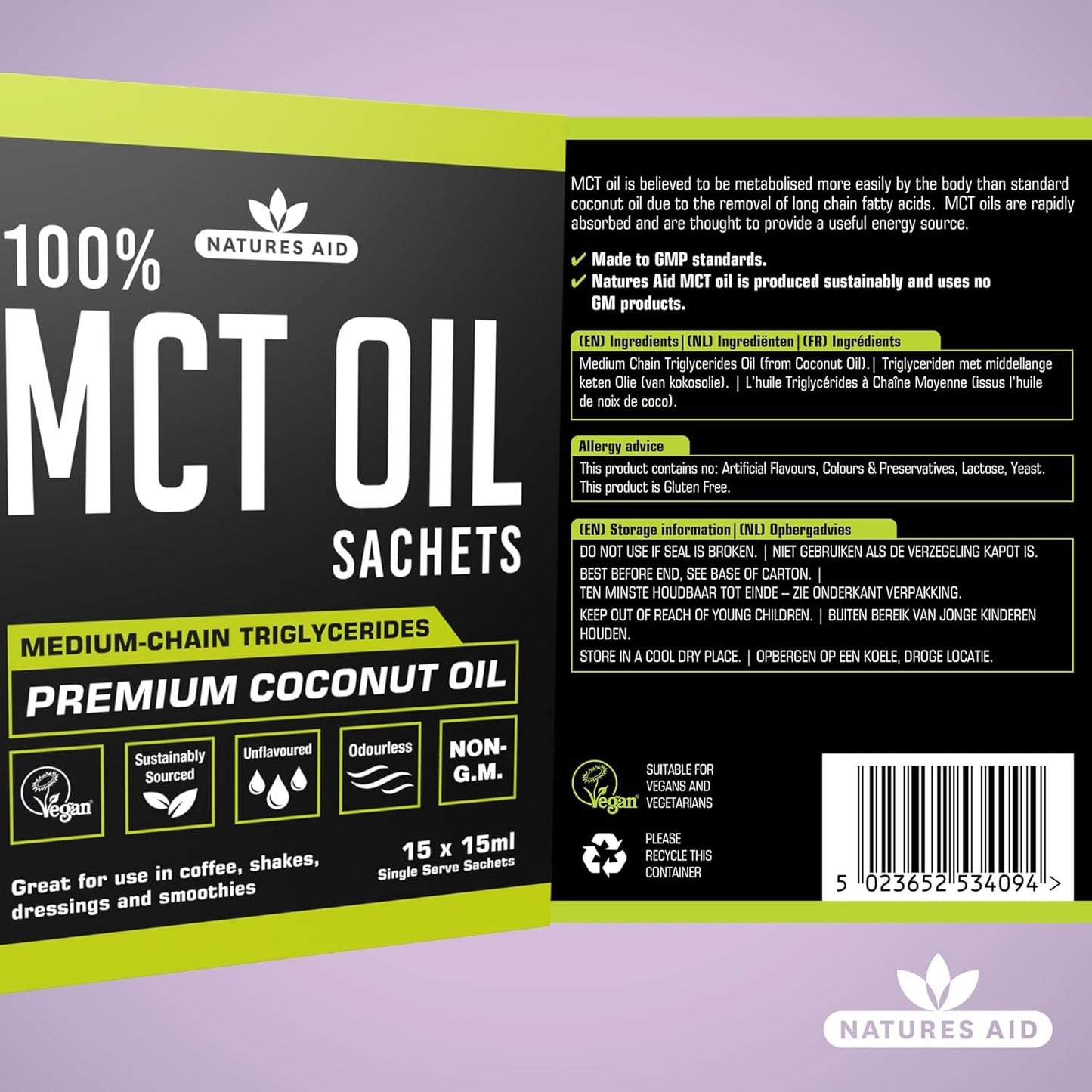 زيت MCT بنسبة 100% من Natures Aid، زيت جوز الهند الفاخر، من مصدر مستدام، يُضاف إلى القهوة أو المخفوقات، نباتي، 500 مل