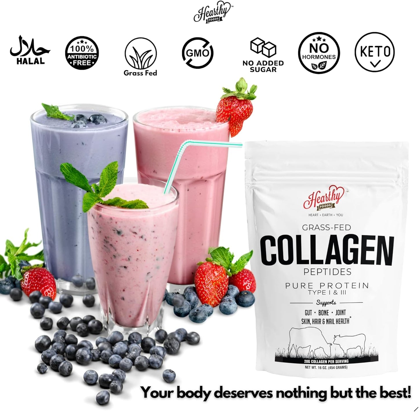 Collagen Powder - 18g Protein - Pure Halal Collagen Peptides Grass Fed Organic Hydrolyzed Powder | Type I and III Unflavoured Keto Friendly Gluten Free No Sugar Non GMO 16 Oz