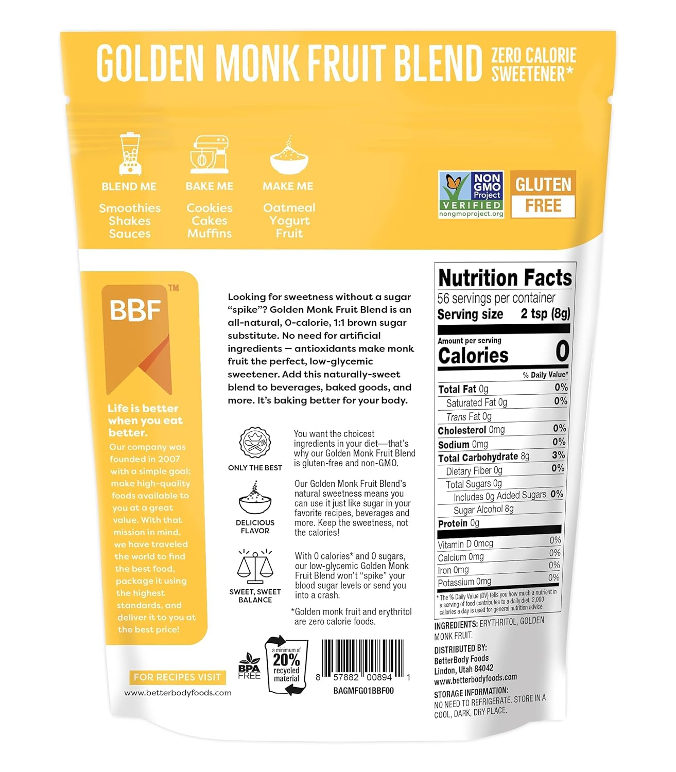 Better Body Foods Organic Monk Fruit Sweetener Blend, Raw Cane Sugar Substitute, Zero Calorie, Keto Diet Friendly, Zero Net Carbs, Zero Glycemic, Baking, Extract, Sugar Replacement, 1lb, 16oz