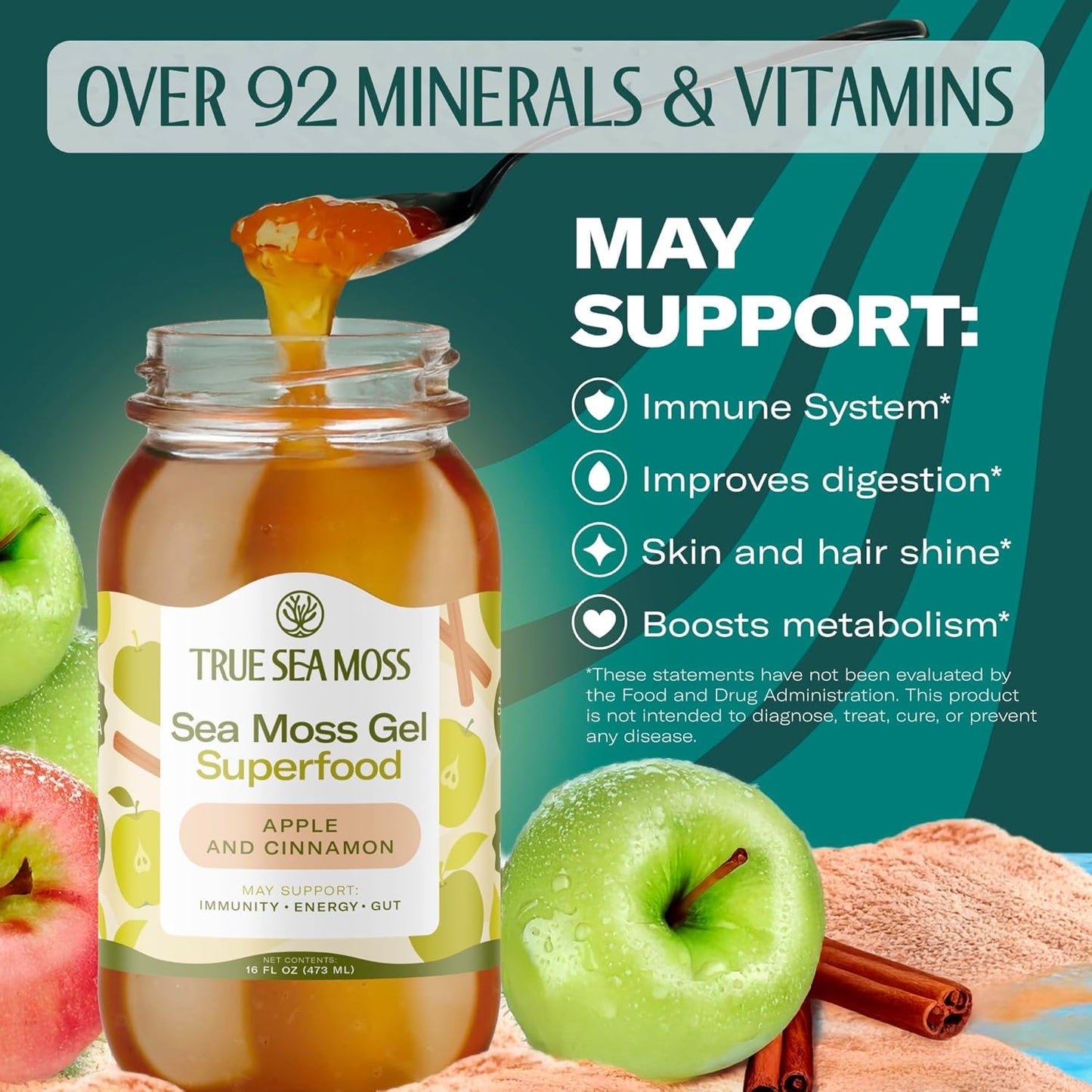 TrueSeaMoss Sea Moss Gel – Made in USA – Wildcrafted Seamoss, Fresh Fruits & Sea Vegetables – Apple/Cinnamon, Pack of 1 (Labels may Vary)
