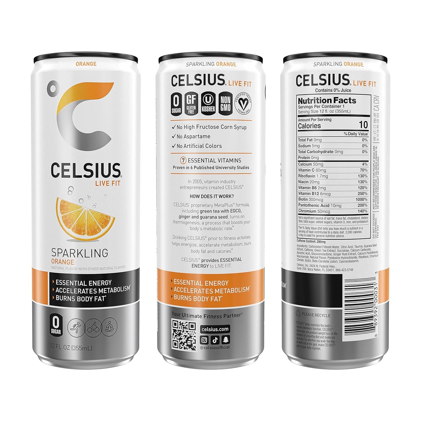 CELSIUS Sparkling Orange, Functional Essential Energy Drink 12 Fl Oz
