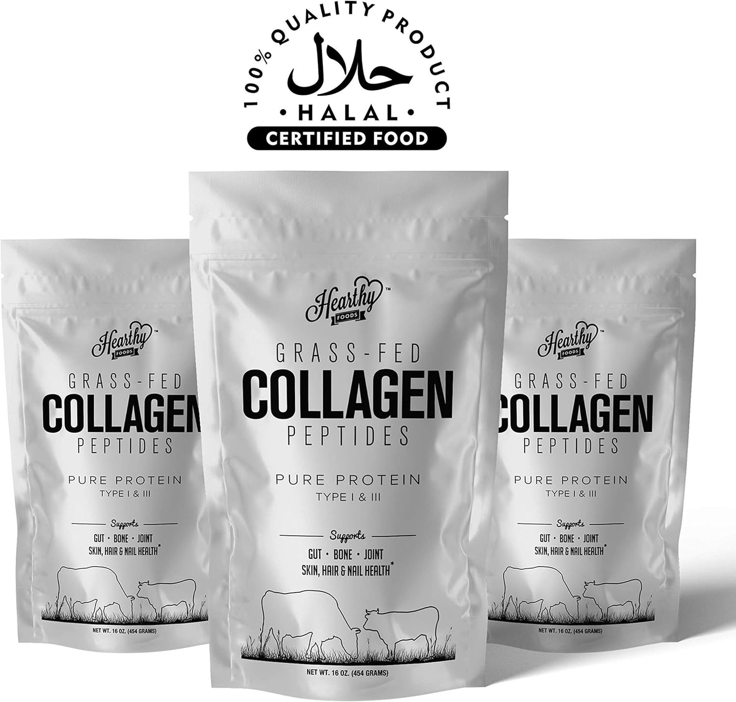 Collagen Powder - 18g Protein - Pure Halal Collagen Peptides Grass Fed Organic Hydrolyzed Powder | Type I and III Unflavoured Keto Friendly Gluten Free No Sugar Non GMO 16 Oz