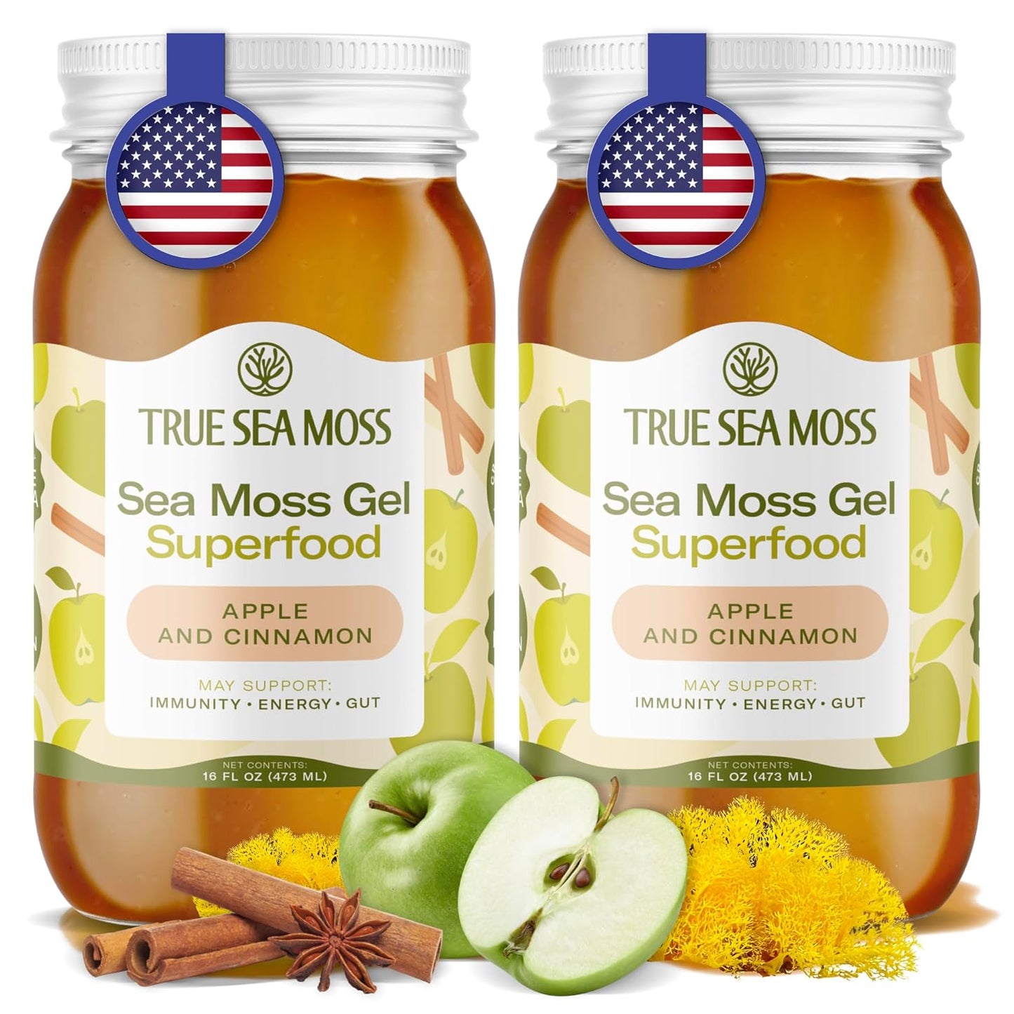 TrueSeaMoss Sea Moss Gel – Made in USA – Wildcrafted Seamoss, Fresh Fruits & Sea Vegetables – Apple/Cinnamon, Pack of 1 (Labels may Vary)