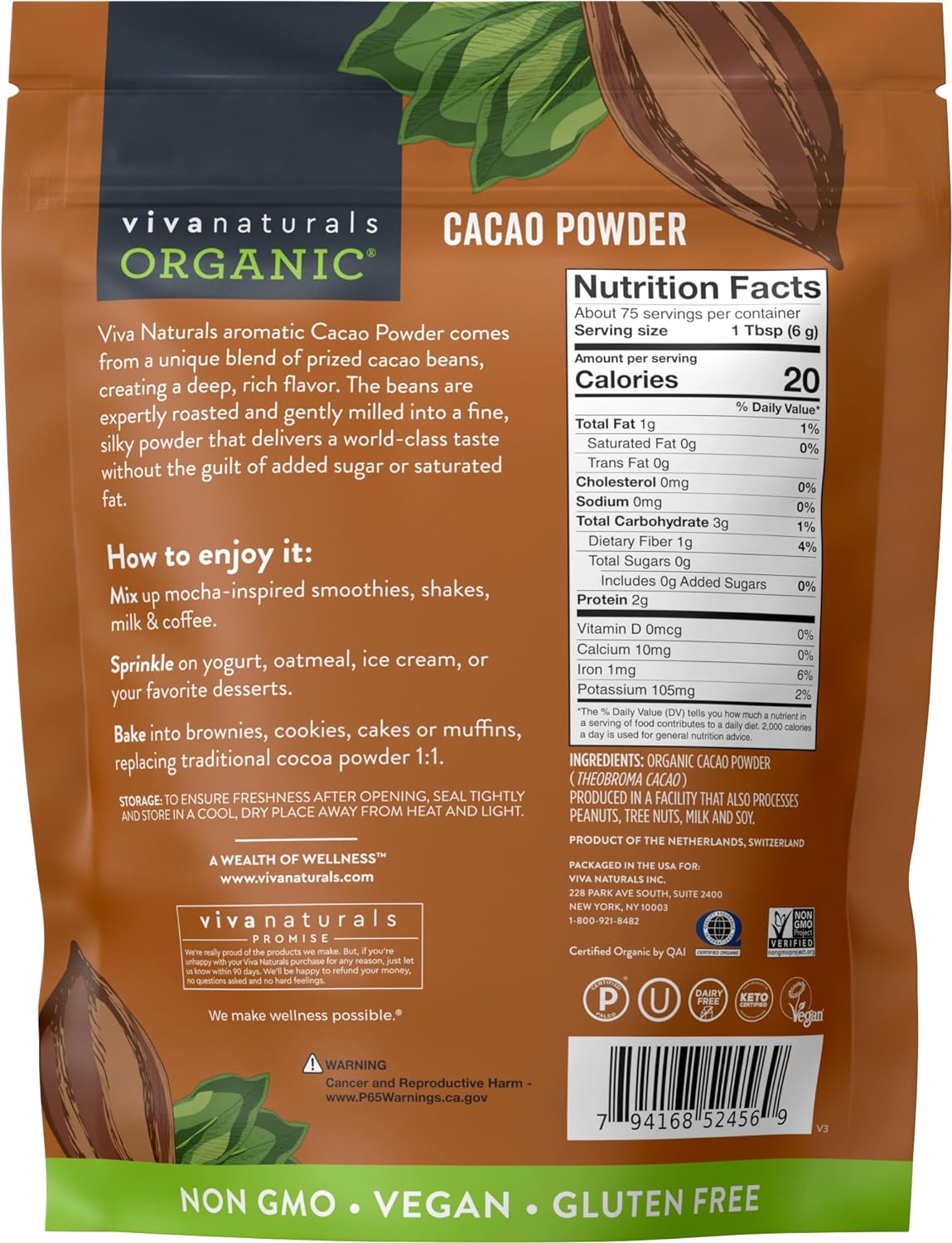 Viva Naturals Organic Cacao Powder, 8 oz - Unsweetened Cocoa Powder With Rich Dark Chocolate Flavor, Perfect for Baking & Smoothies - Certified Vegan, Keto & Paleo, Non-GMO & Gluten-Free, 227 g