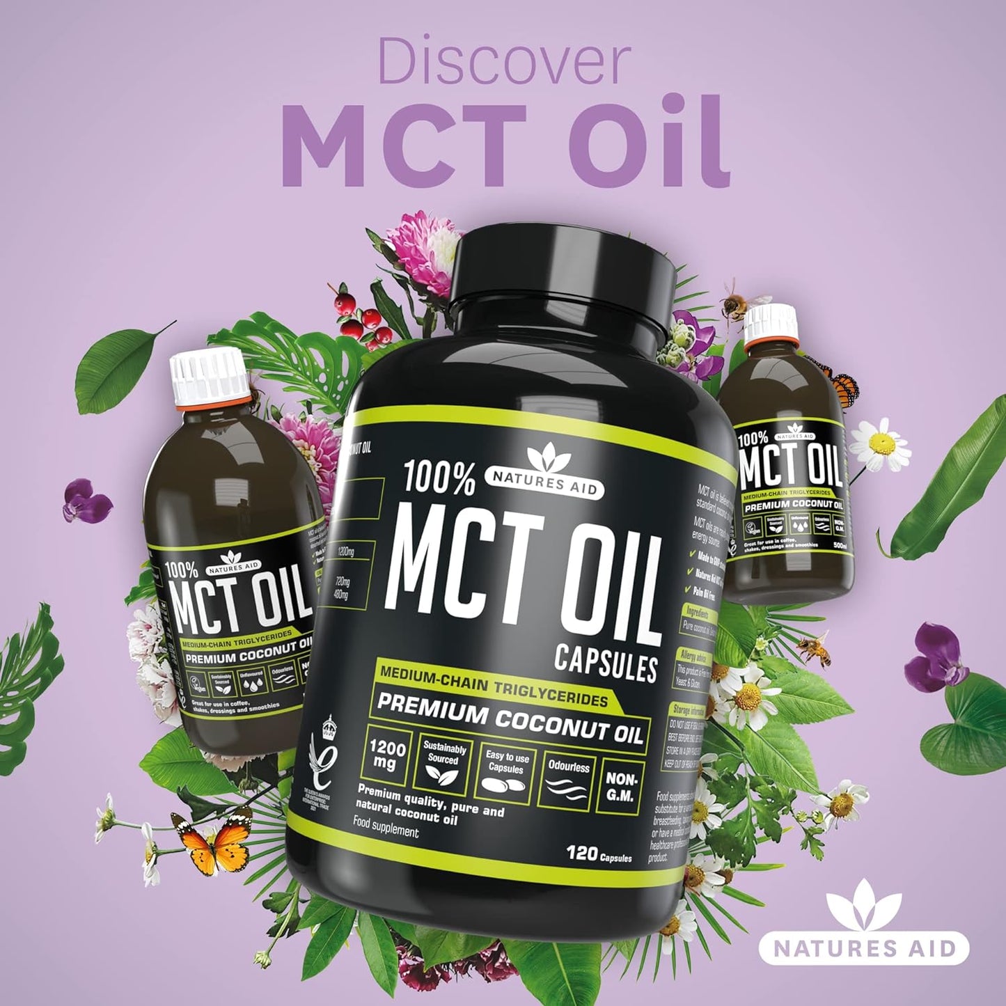 زيت MCT بنسبة 100% من Natures Aid، زيت جوز الهند الفاخر، من مصدر مستدام، يُضاف إلى القهوة أو المخفوقات، نباتي، 500 مل