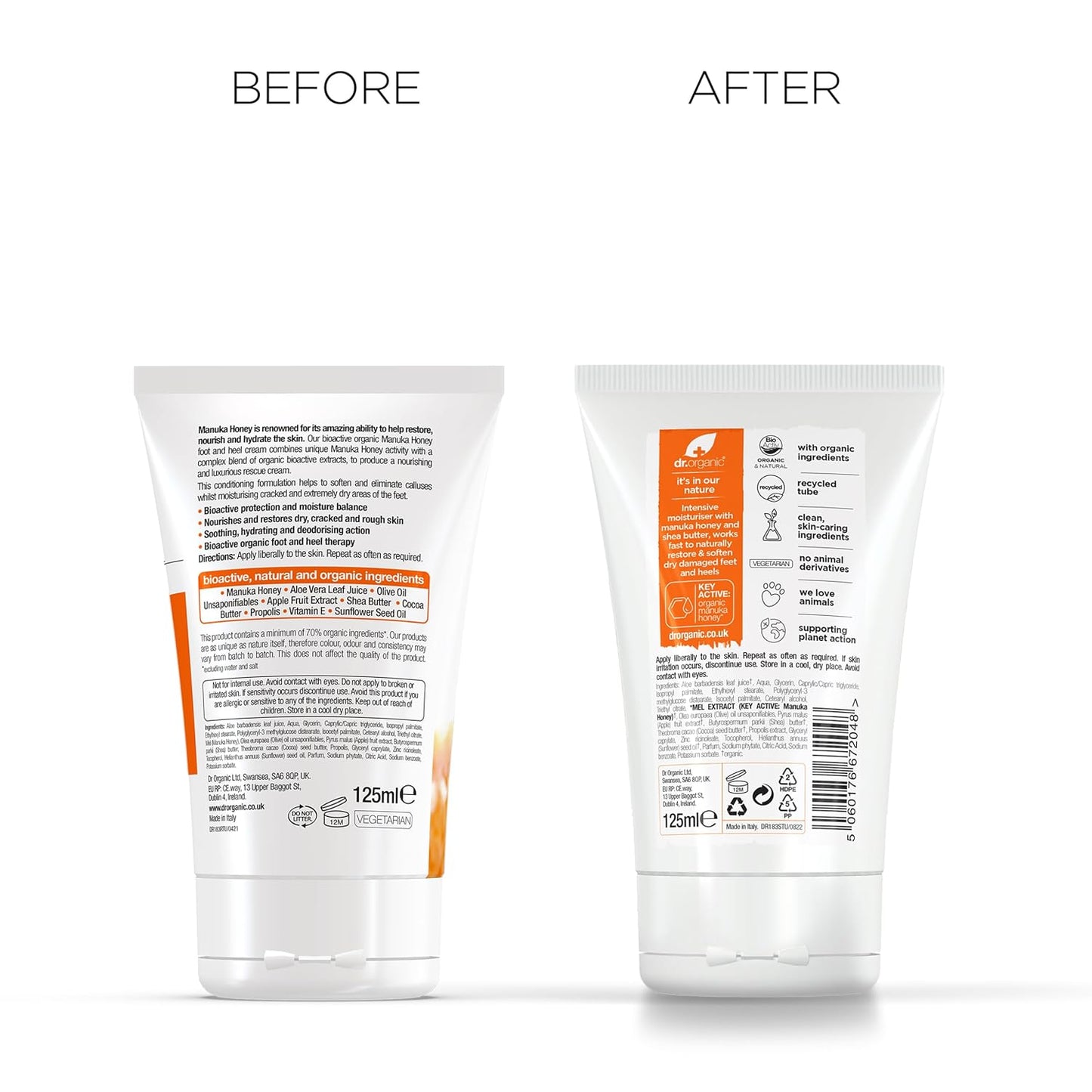 Dr. Organic Manuka Honey Foot Cream, Moisturising, Dry Skin, Mens, Womens, Natural, Vegetarian, Cruelty-Free, Paraben & SLS-Free, Recycled & Recyclable, Organic, 125ml, Packaging may vary