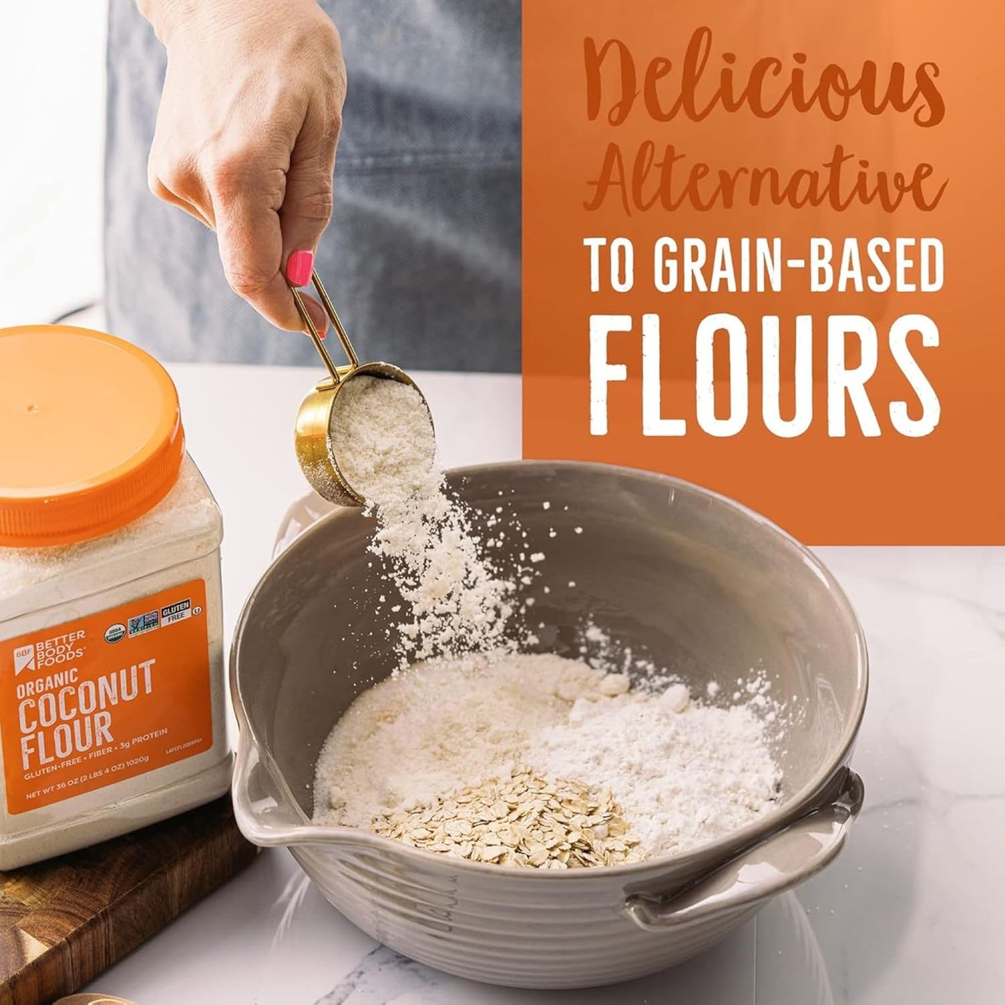BetterBody Foods Organic Coconut Flour 2.25 Pound Jar, Gluten-Free White Flour Alternative with a Slight Coconut Taste and Aroma, 23% Dietary Fiber per Serving
