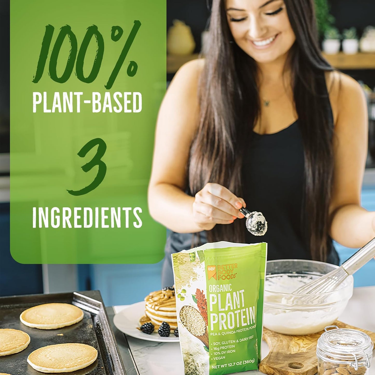 BetterBody Foods Organic Plant Based Protein Powder, 16g of Protein 24% DV, Vegan, Low Net Carbs, Gluten Free, Dairy Free, No Sugar Added, Soy Free, Non-GMO, 12.7 Ounces