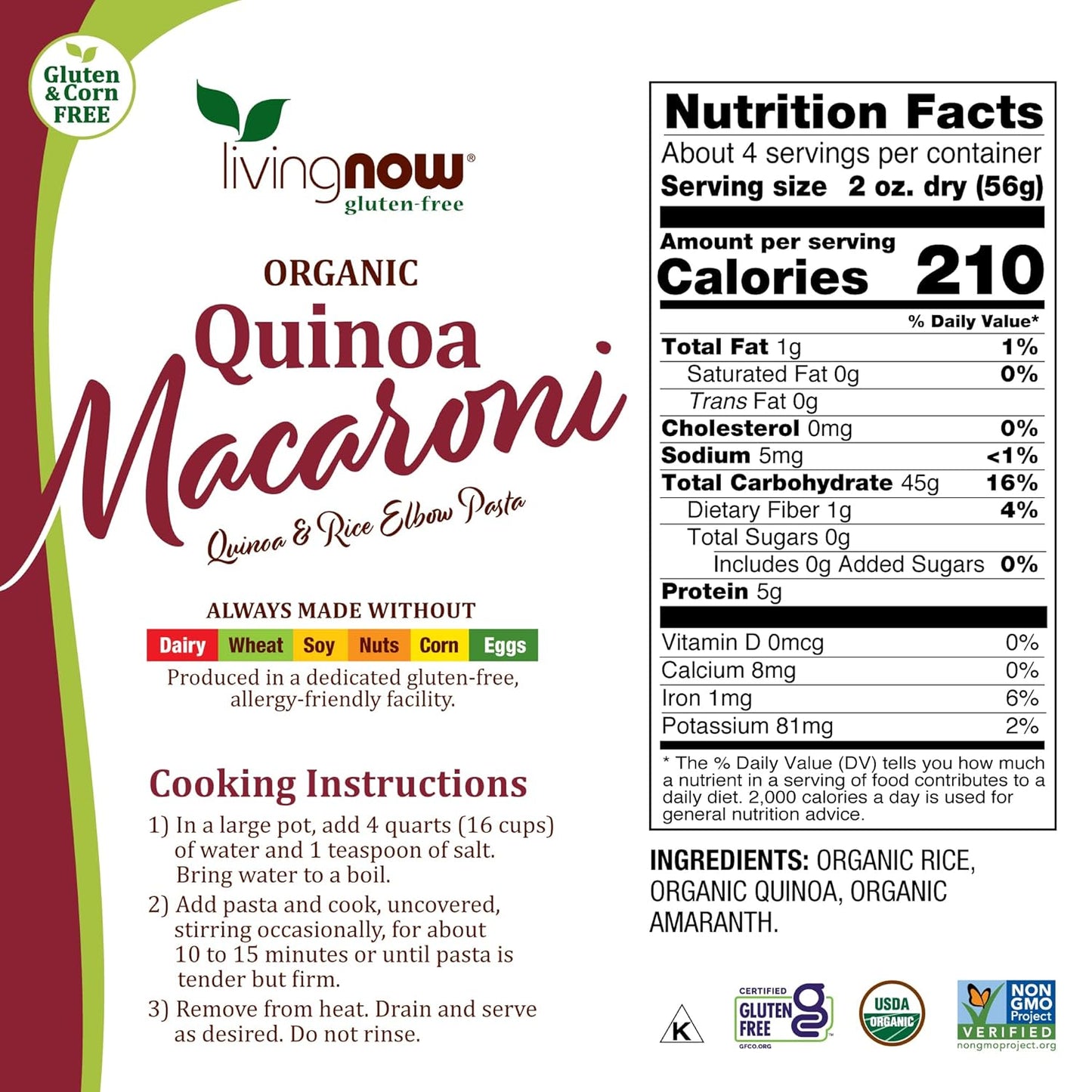 NOW Foods, Organic Quinoa Penne, Gluten-Free, Corn-Free, Non-GMO, Quinoa and Rice Pasta, 8-Ounce