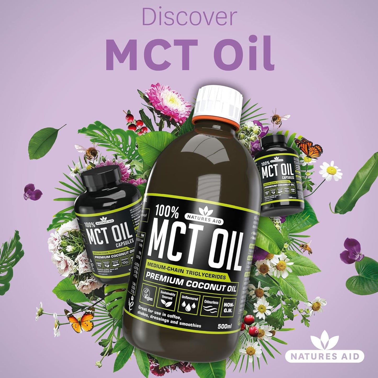 زيت MCT بنسبة 100% من Natures Aid، زيت جوز الهند الفاخر، من مصدر مستدام، يُضاف إلى القهوة أو المخفوقات، نباتي، 500 مل