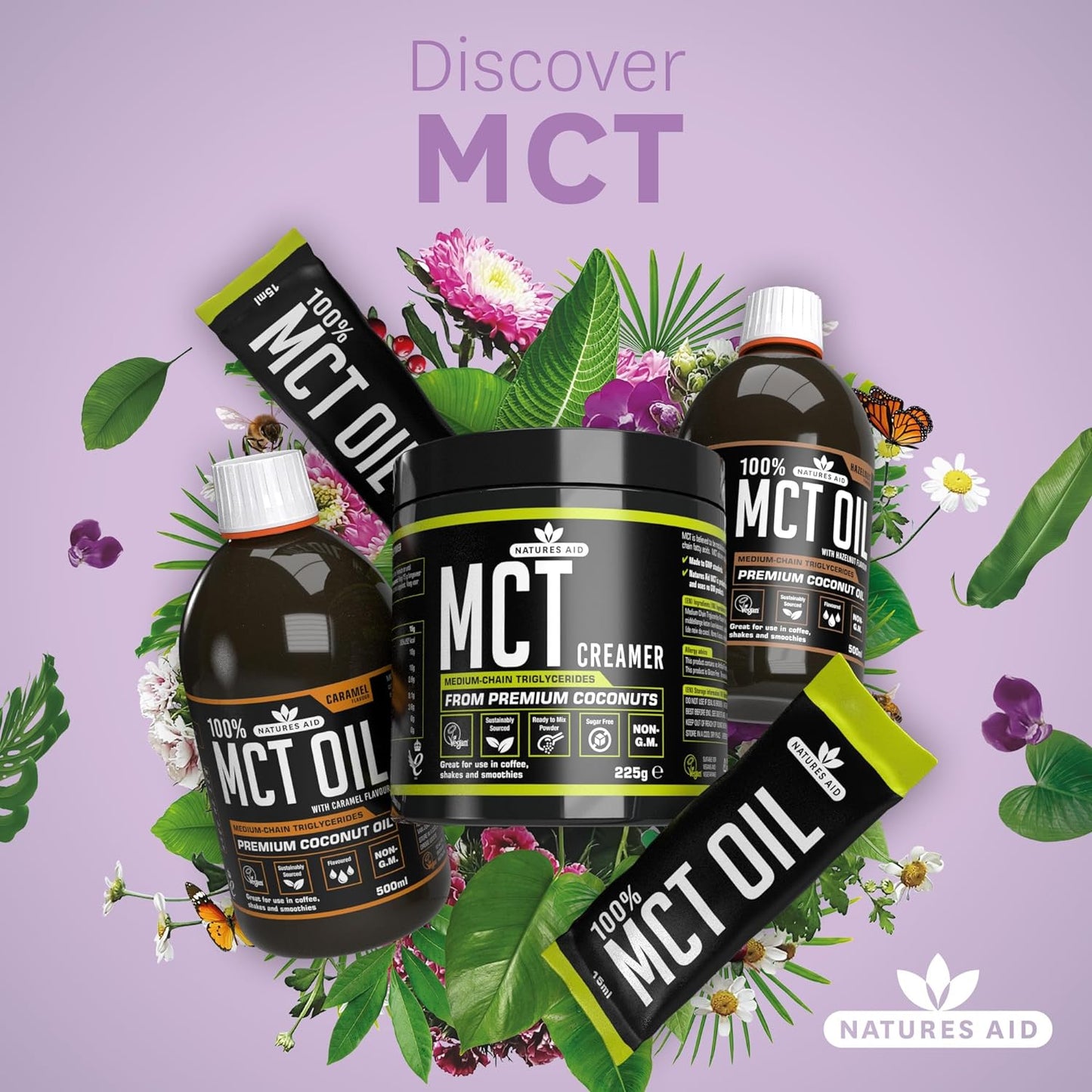 زيت MCT بنسبة 100% من Natures Aid، زيت جوز الهند الفاخر، من مصدر مستدام، يُضاف إلى القهوة أو المخفوقات، نباتي، 500 مل