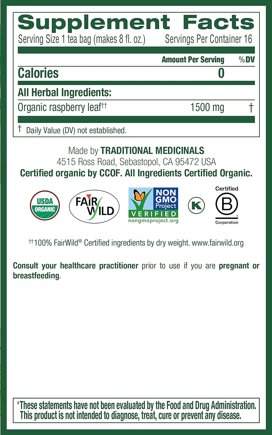 Traditional Medicinals Tea, Organic Raspberry Leaf, Eases Menstrual Cramps, Supports a Healthy Pregnancy, 16 Tea Bags