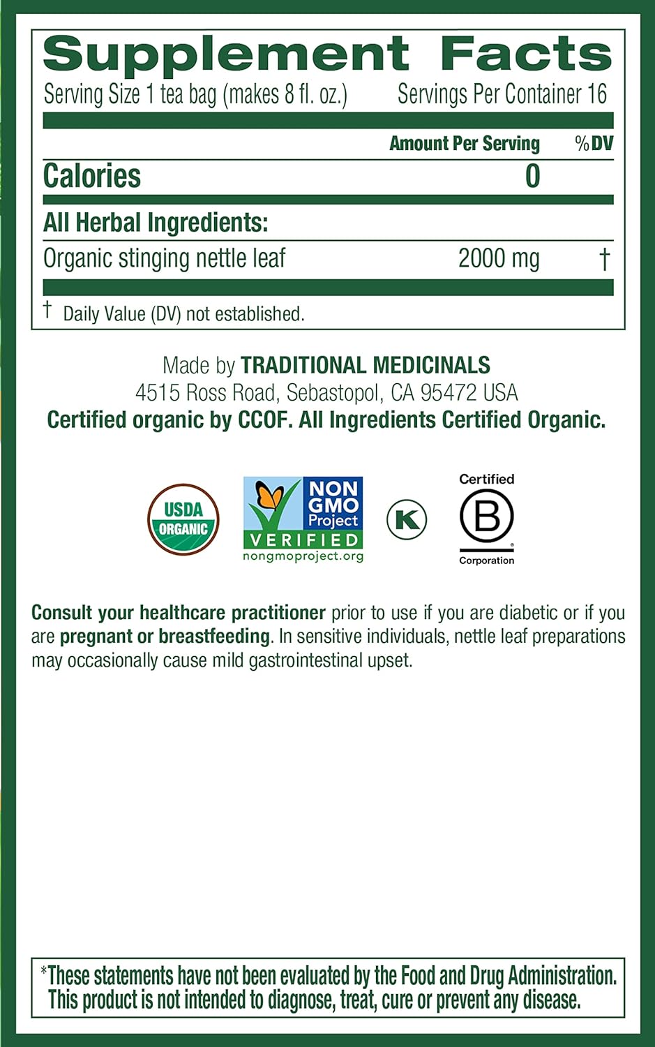 Traditional Medicinals Organic Nettle Leaf Herbal Tea, Supports Joint Health & Overall Wellness, (Pack of 2) - 32 Tea Bags Total