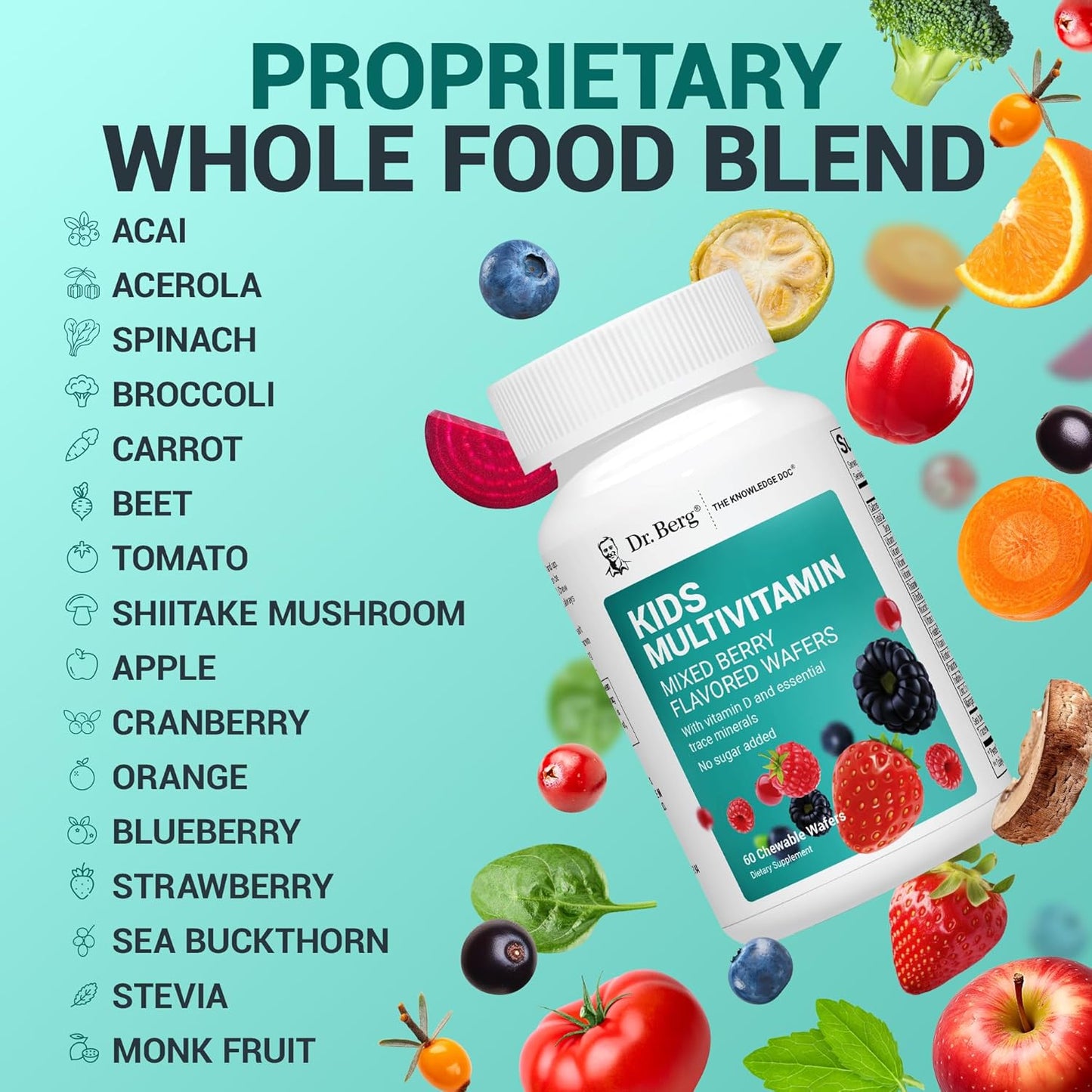 Dr. Berg Kids Chewable Multivitamins (NOT Sweetened w/Sugar) - Daily Multivitamin for Kids That Includes 20 Nutrients & Trace Mineral Complex - Mixed Berry Chewable Vitamins for Kid - Red Wafers