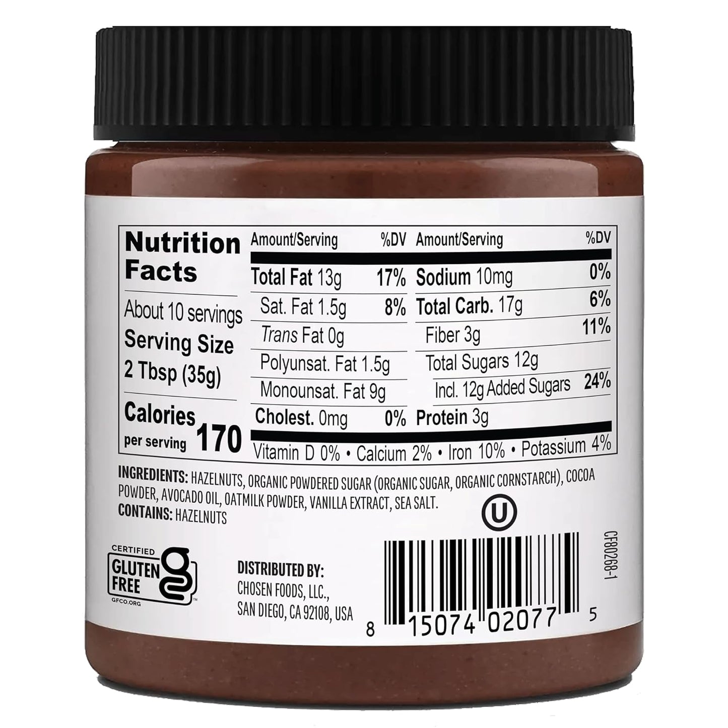Chosen Foods Chocolate Hazelnut Spread made with 100% Pure Avocado Oil 12 oz 1-Pack