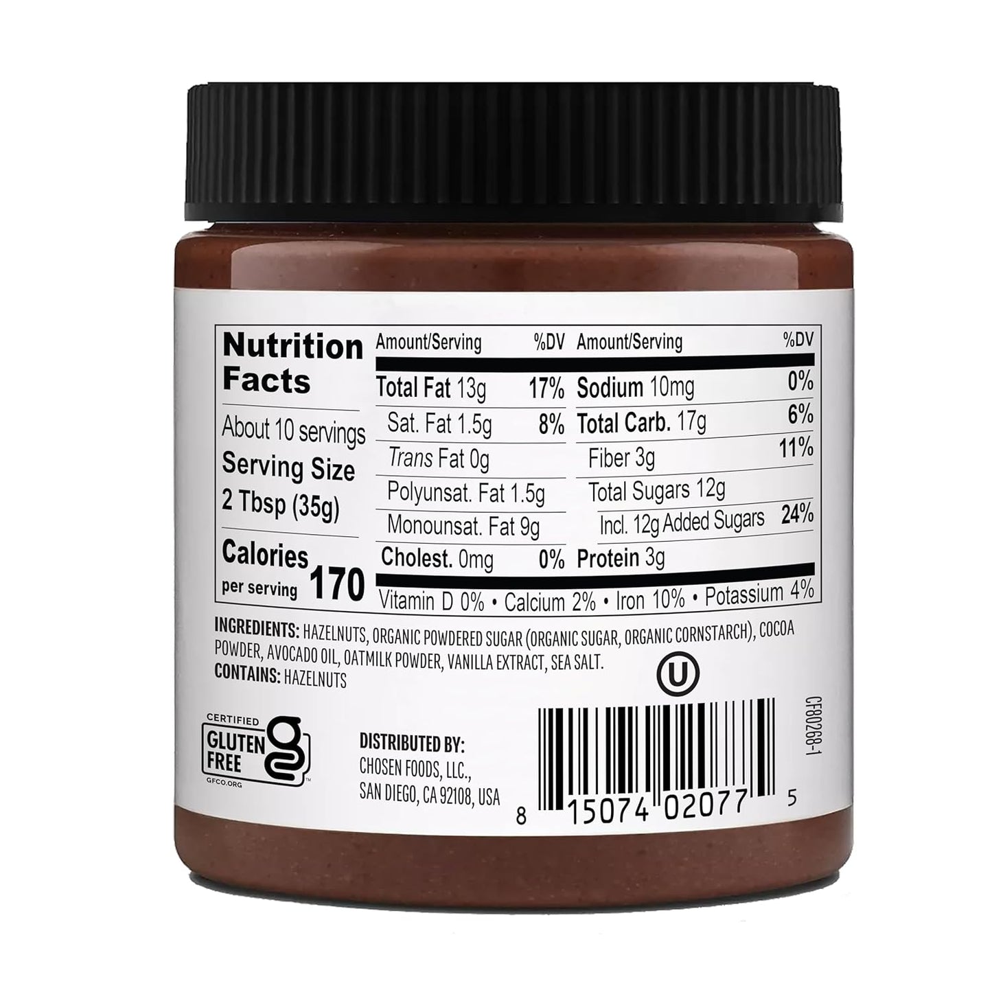 Chosen Foods Chocolate Hazelnut Spread made with 100% Pure Avocado Oil 12 oz 1-Pack