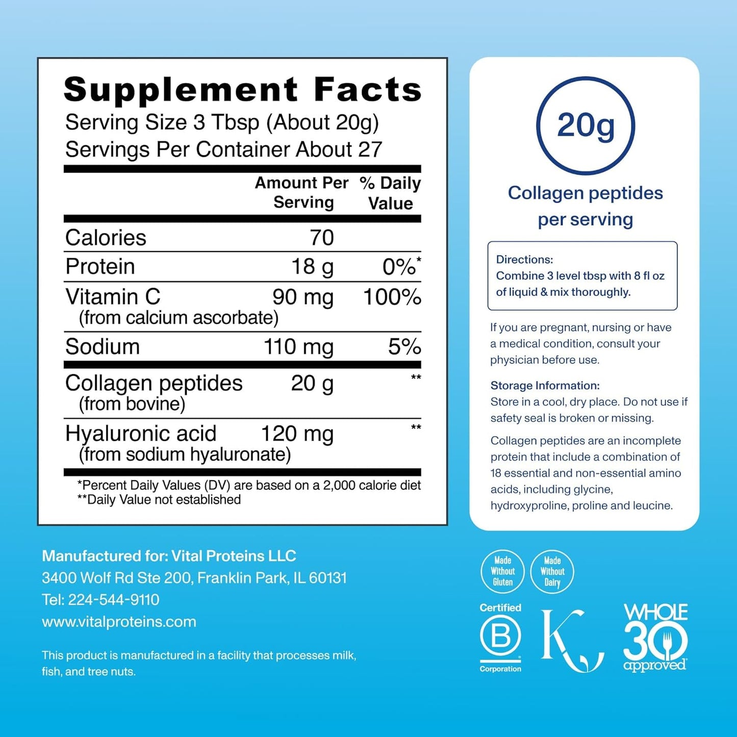 Vital Proteins Collagen Peptides Powder Advanced with Hyaluronic Acid & Vitamin C - 20oz Collagen Protein, Unflavored, 27 Servings